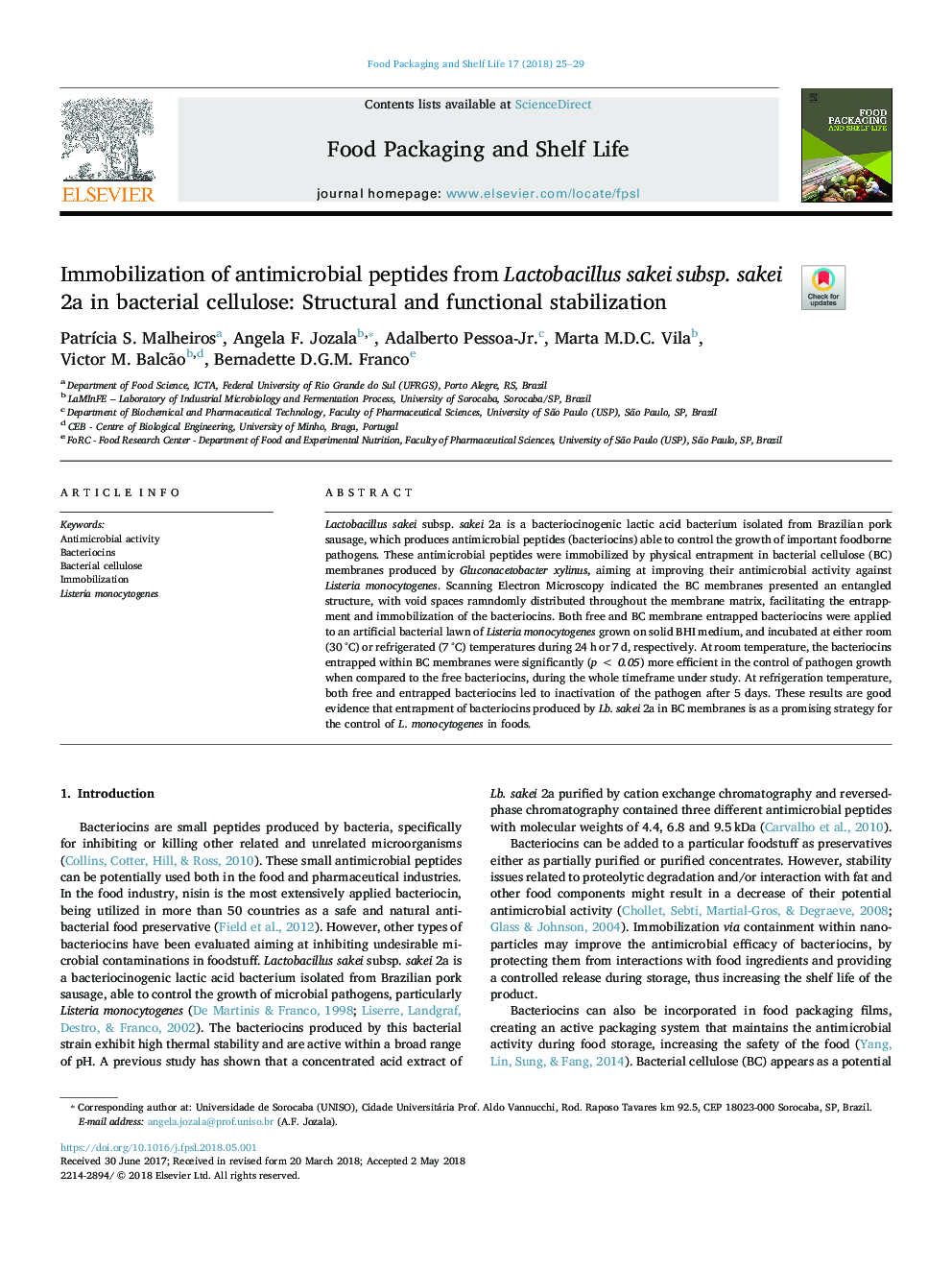 Immobilization of antimicrobial peptides from Lactobacillus sakei subsp. sakei 2a in bacterial cellulose: Structural and functional stabilization