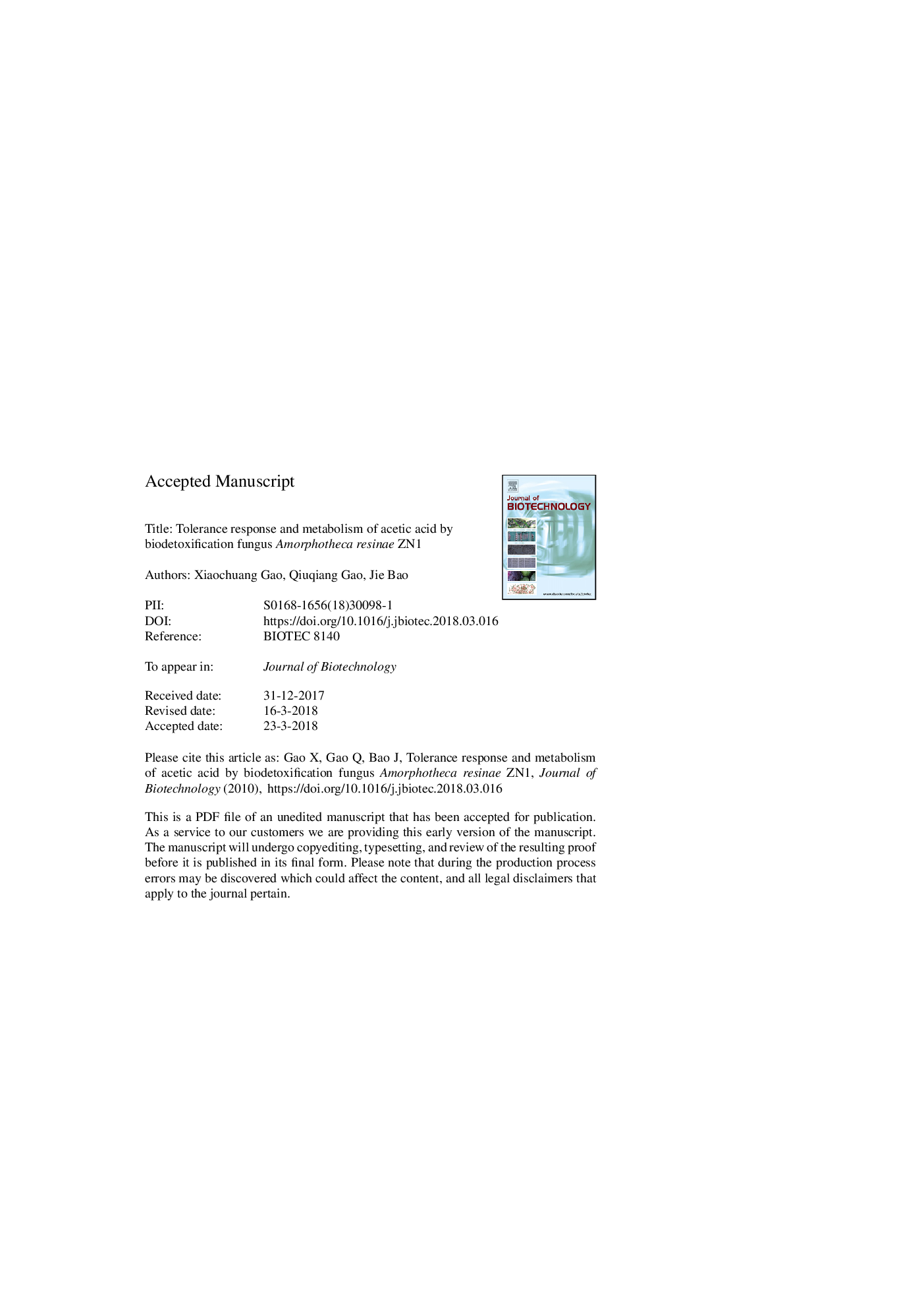 Tolerance response and metabolism of acetic acid by biodetoxification fungus Amorphotheca resinae ZN1