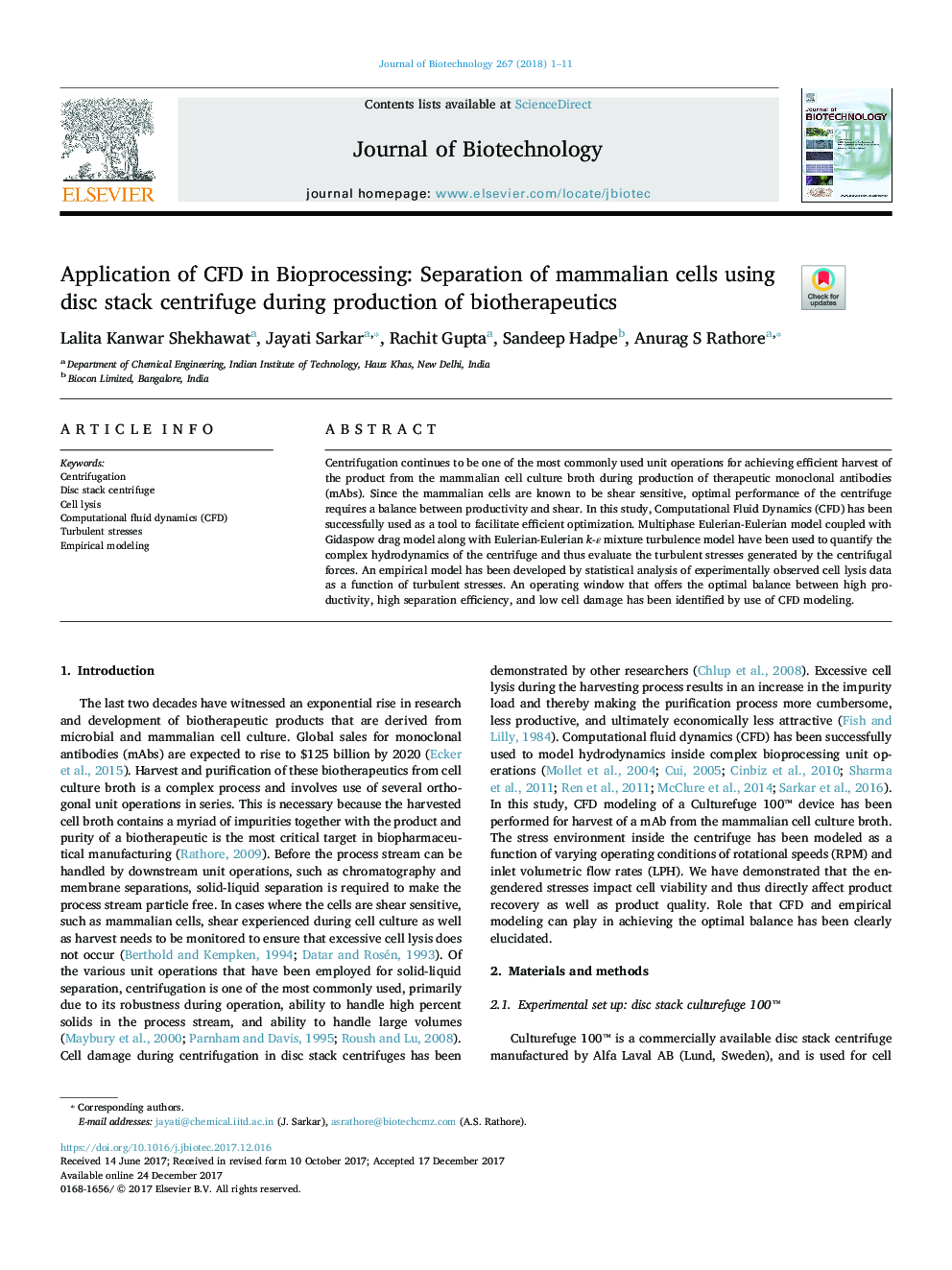 Application of CFD in Bioprocessing: Separation of mammalian cells using disc stack centrifuge during production of biotherapeutics