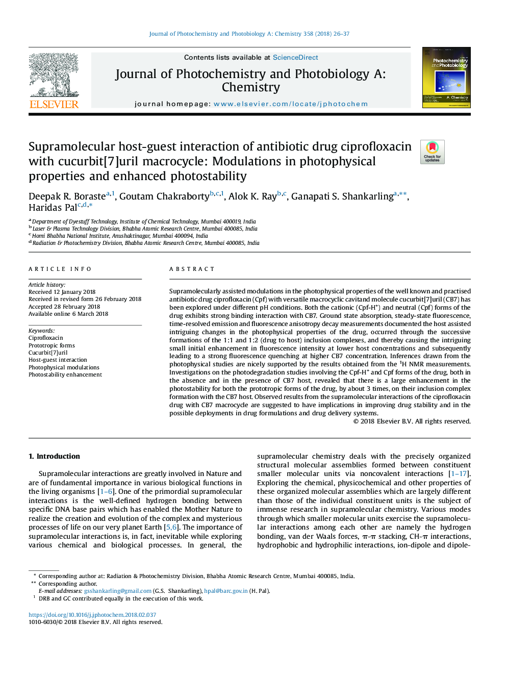 Supramolecular host-guest interaction of antibiotic drug ciprofloxacin with cucurbit[7]uril macrocycle: Modulations in photophysical properties and enhanced photostability