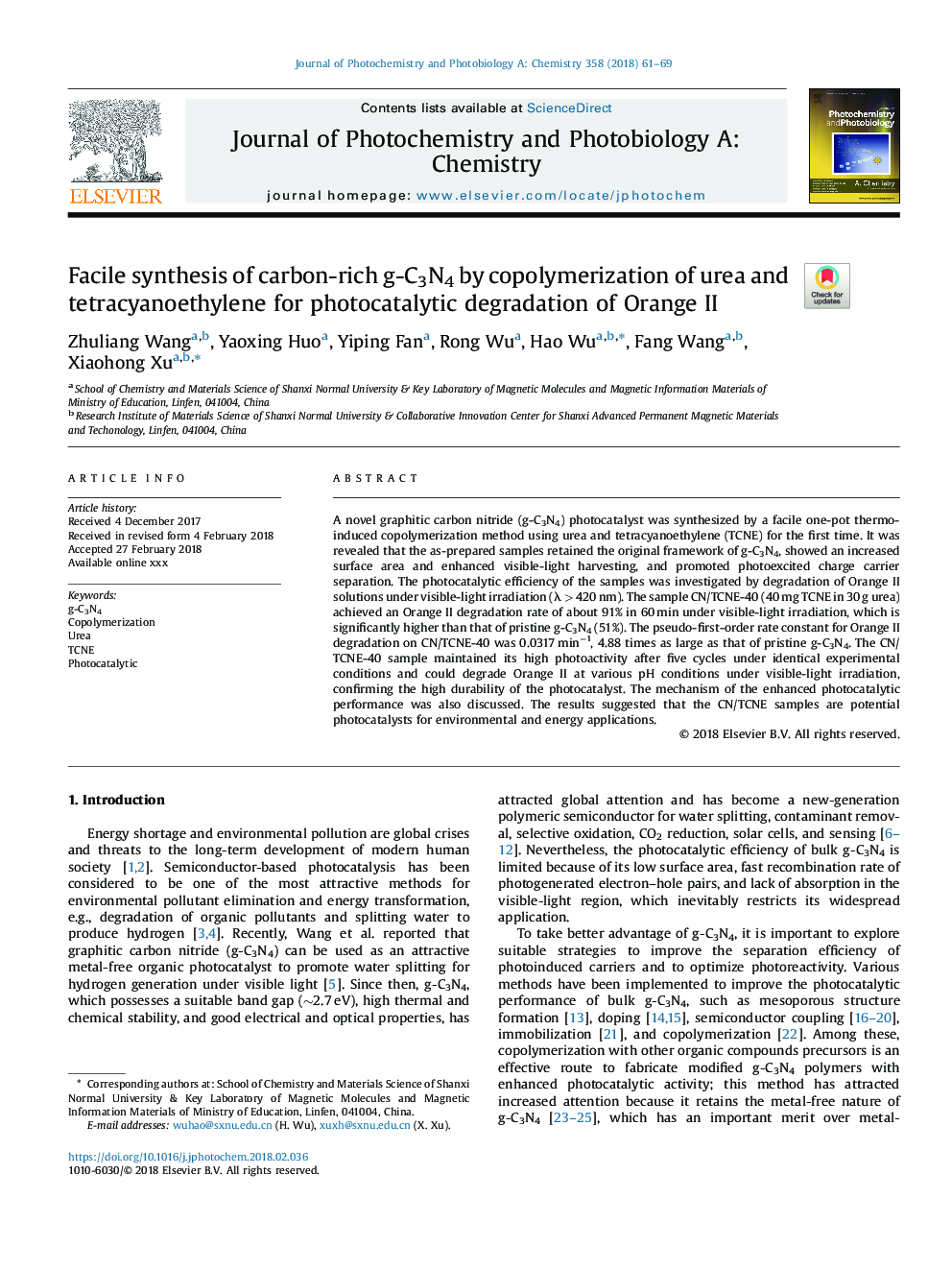 Facile synthesis of carbon-rich g-C3N4 by copolymerization of urea and tetracyanoethylene for photocatalytic degradation of Orange II
