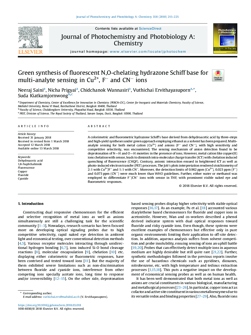 Green synthesis of fluorescent N,O-chelating hydrazone Schiff base for multi-analyte sensing in Cu2+, Fâ and CNâ ions