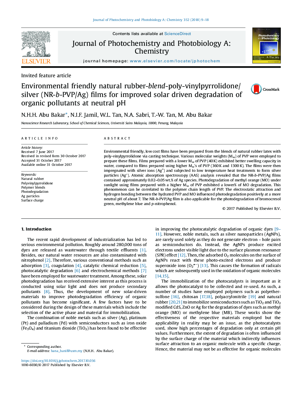 Environmental friendly natural rubber-blend-poly-vinylpyrrolidone/silver (NR-b-PVP/Ag) films for improved solar driven degradation of organic pollutants at neutral pH