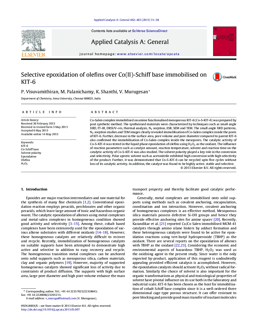 Selective epoxidation of olefins over Co(II)-Schiff base immobilised on KIT-6