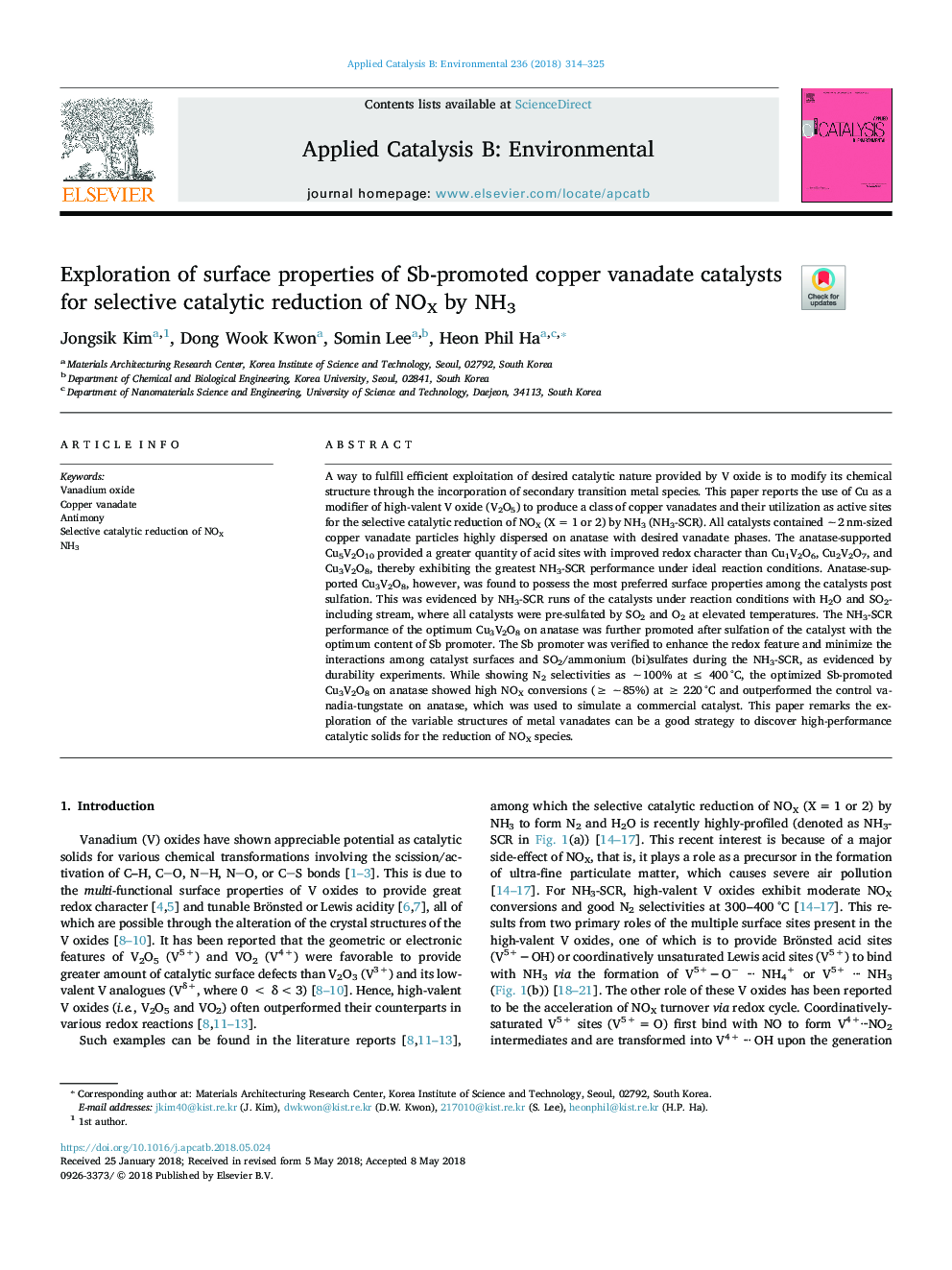 Exploration of surface properties of Sb-promoted copper vanadate catalysts for selective catalytic reduction of NOX by NH3