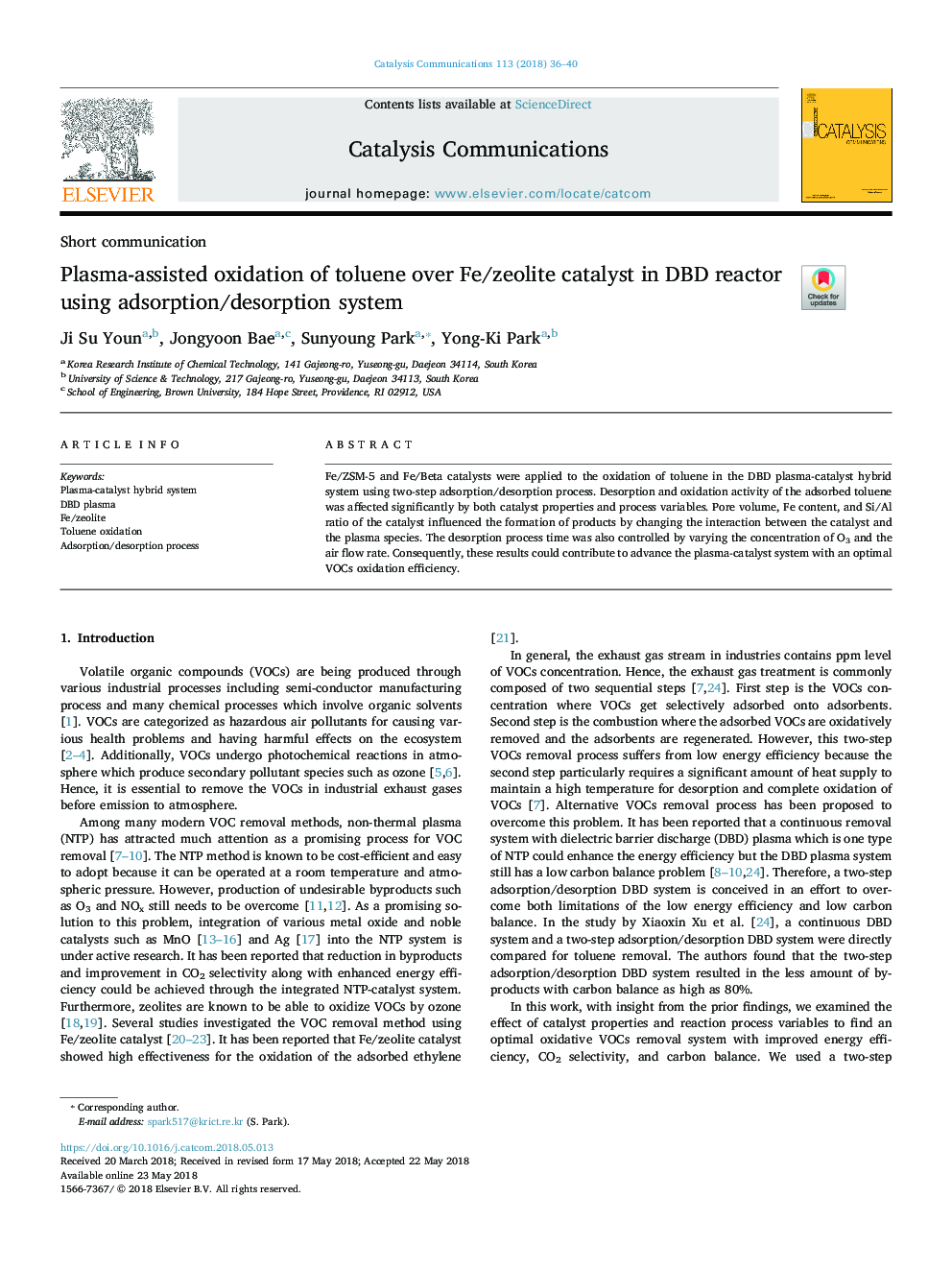 Plasma-assisted oxidation of toluene over Fe/zeolite catalyst in DBD reactor using adsorption/desorption system