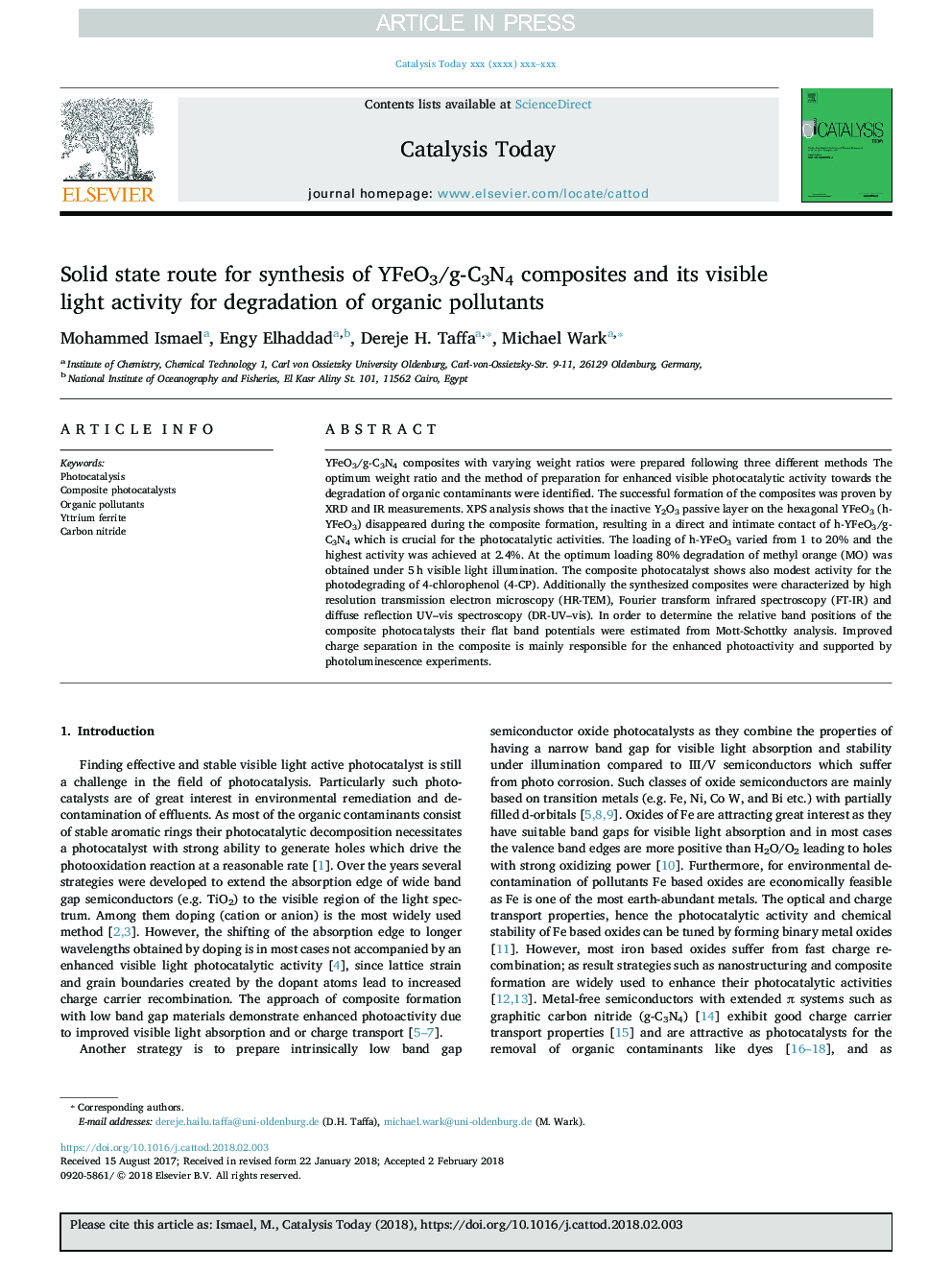 Solid state route for synthesis of YFeO3/g-C3N4 composites and its visible light activity for degradation of organic pollutants