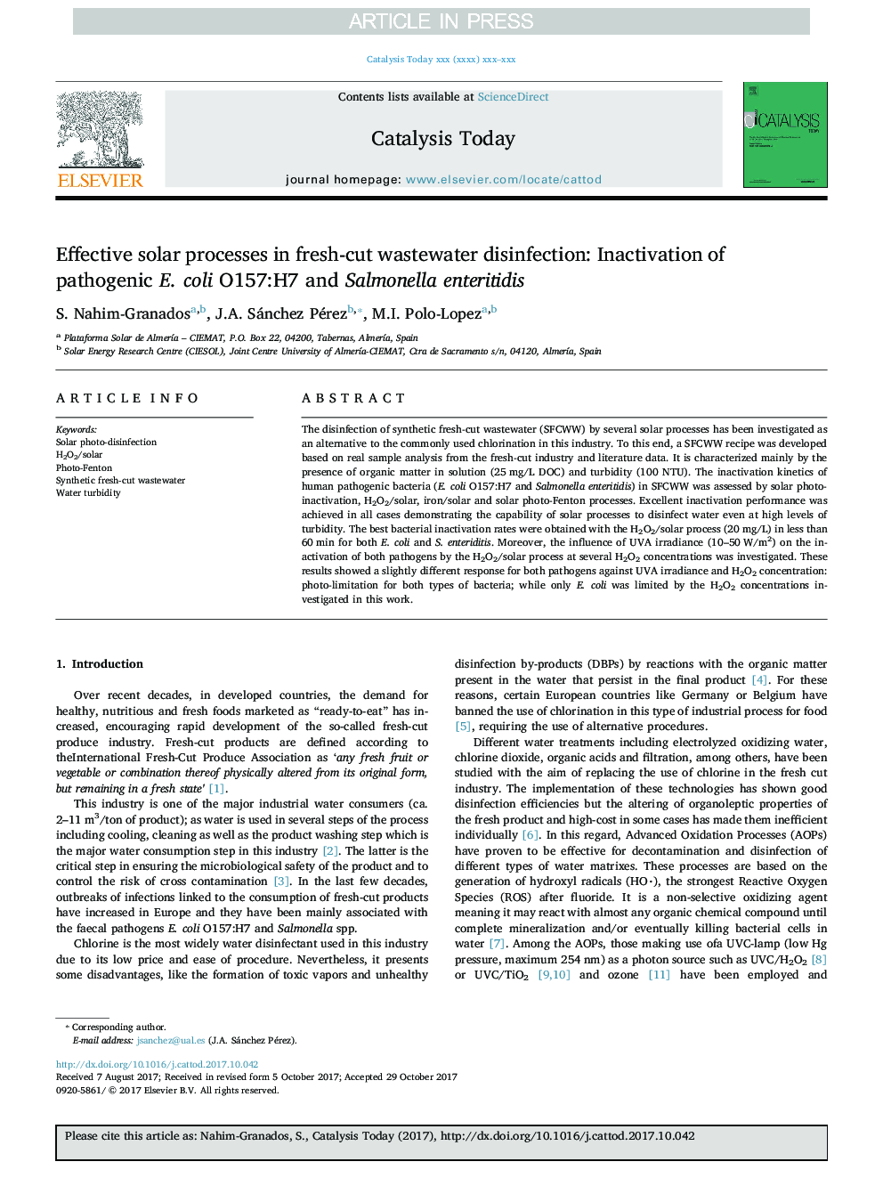 Effective solar processes in fresh-cut wastewater disinfection: Inactivation of pathogenic E. coli O157:H7 and Salmonella enteritidis