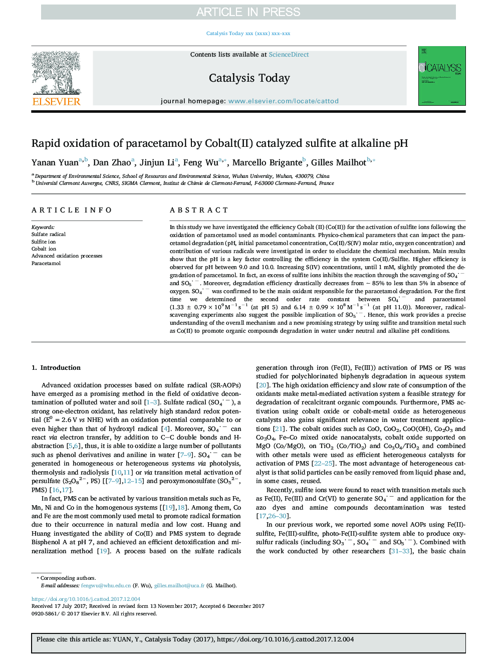 Rapid oxidation of paracetamol by Cobalt(II) catalyzed sulfite at alkaline pH