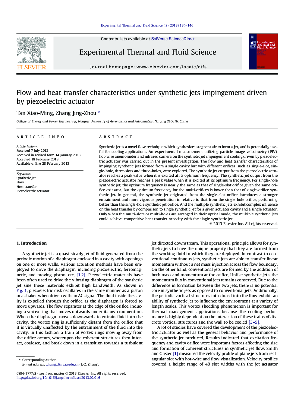 Flow and heat transfer characteristics under synthetic jets impingement driven by piezoelectric actuator