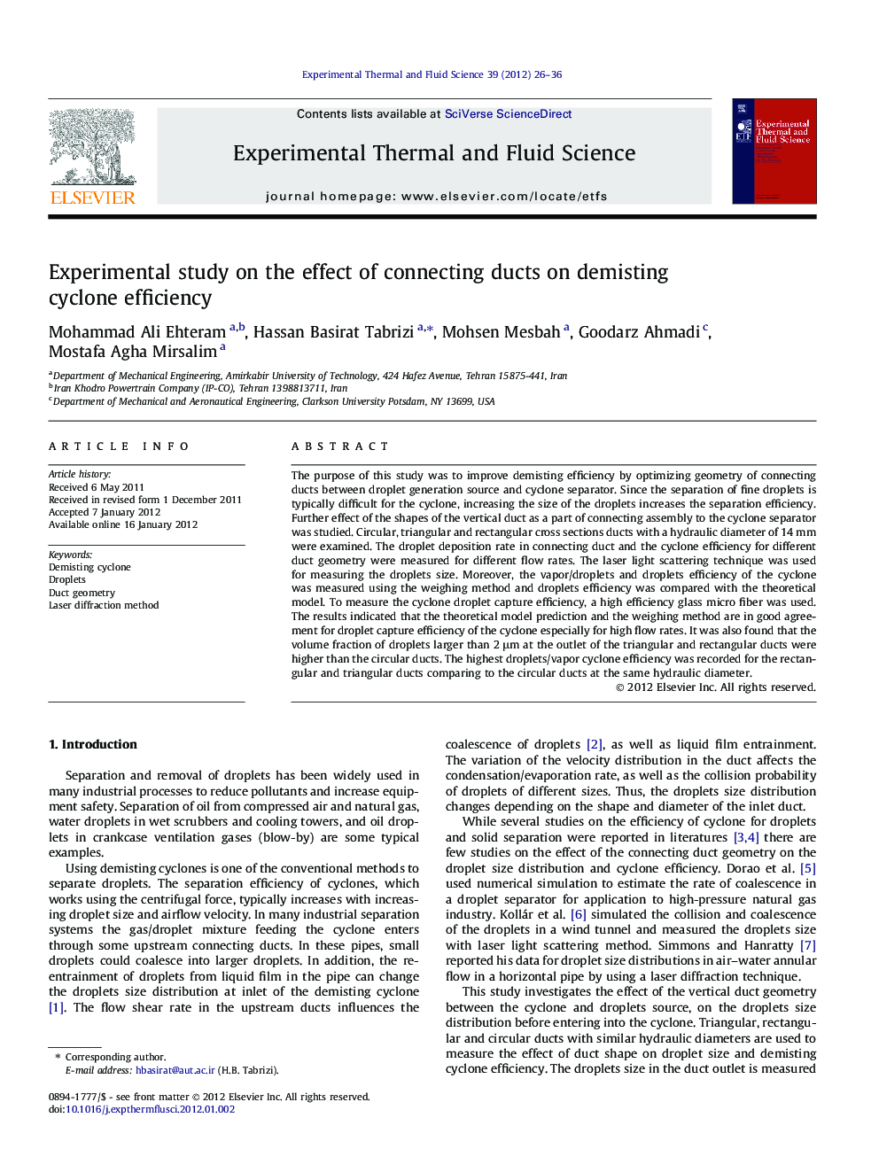 Experimental study on the effect of connecting ducts on demisting cyclone efficiency