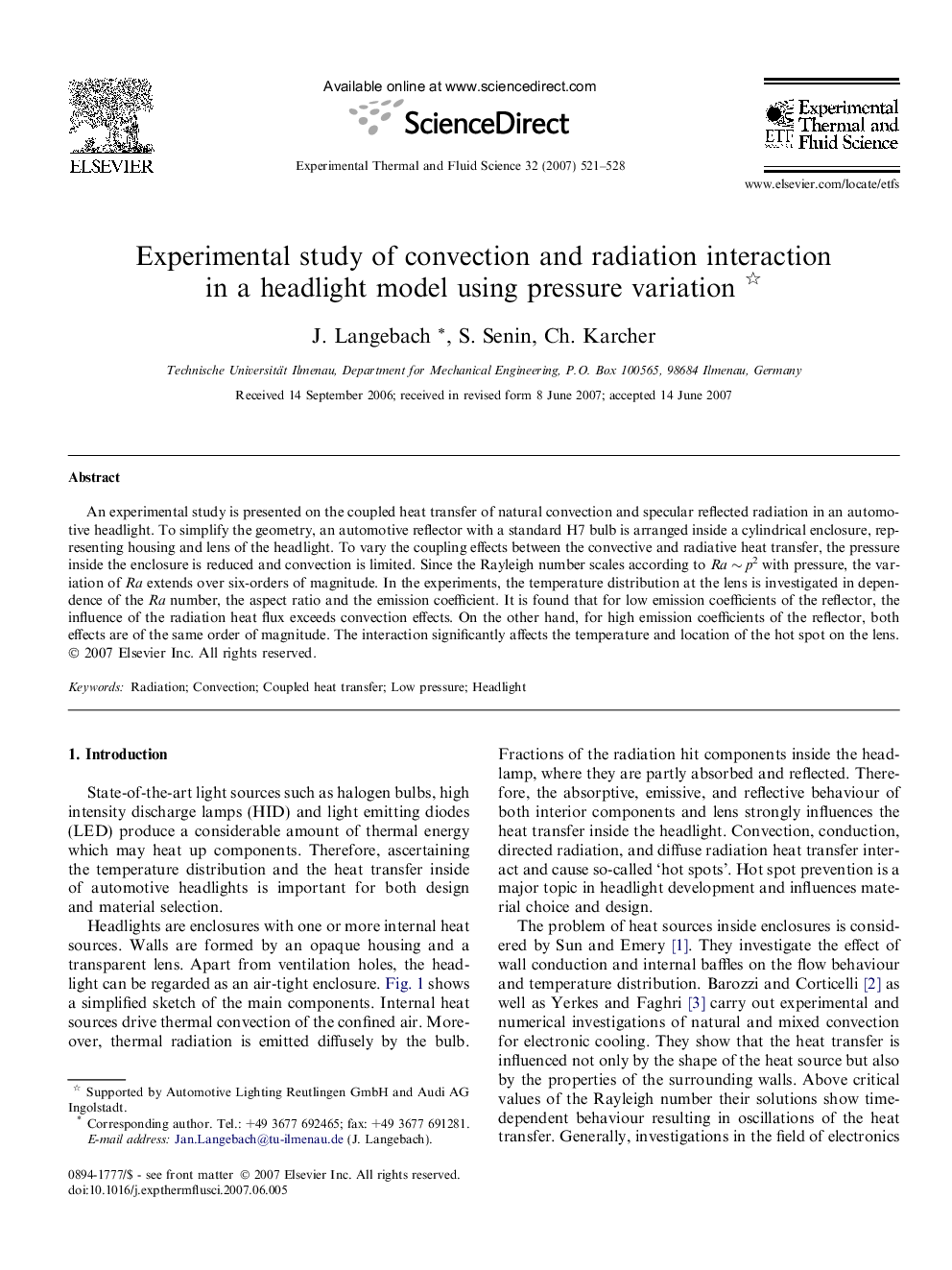 Experimental study of convection and radiation interaction in a headlight model using pressure variation 