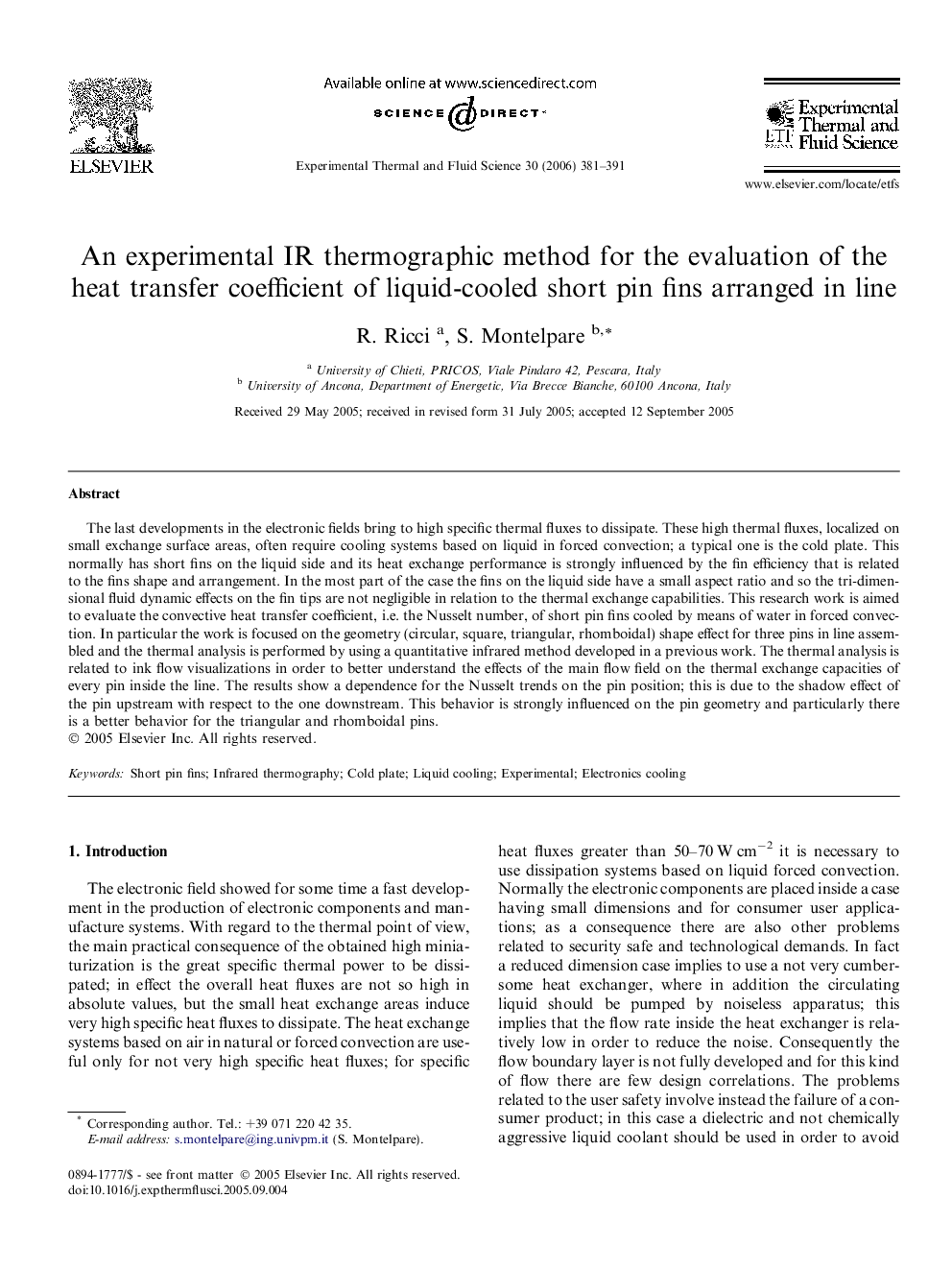 An experimental IR thermographic method for the evaluation of the heat transfer coefficient of liquid-cooled short pin fins arranged in line