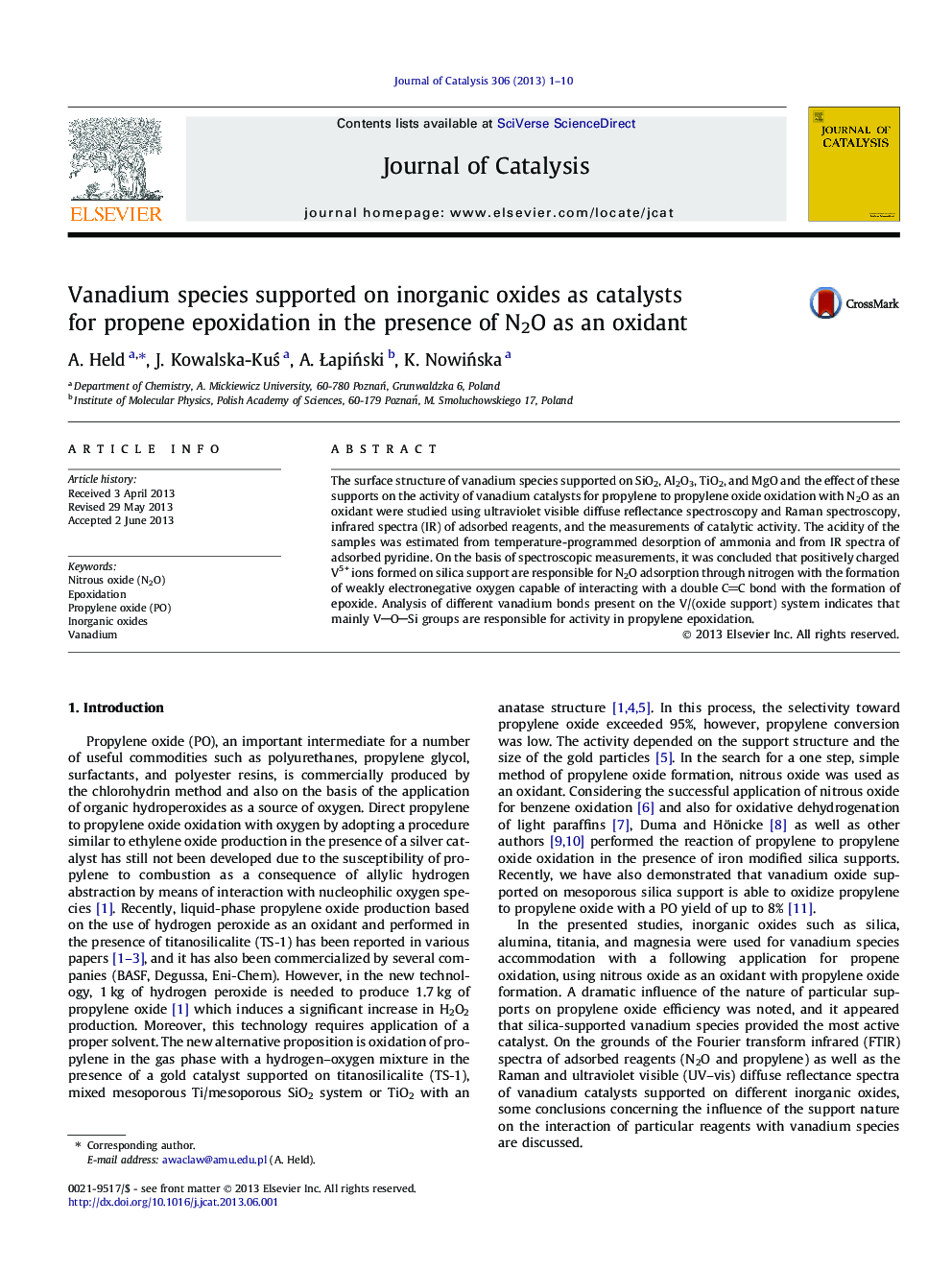 Vanadium species supported on inorganic oxides as catalysts for propene epoxidation in the presence of N2O as an oxidant