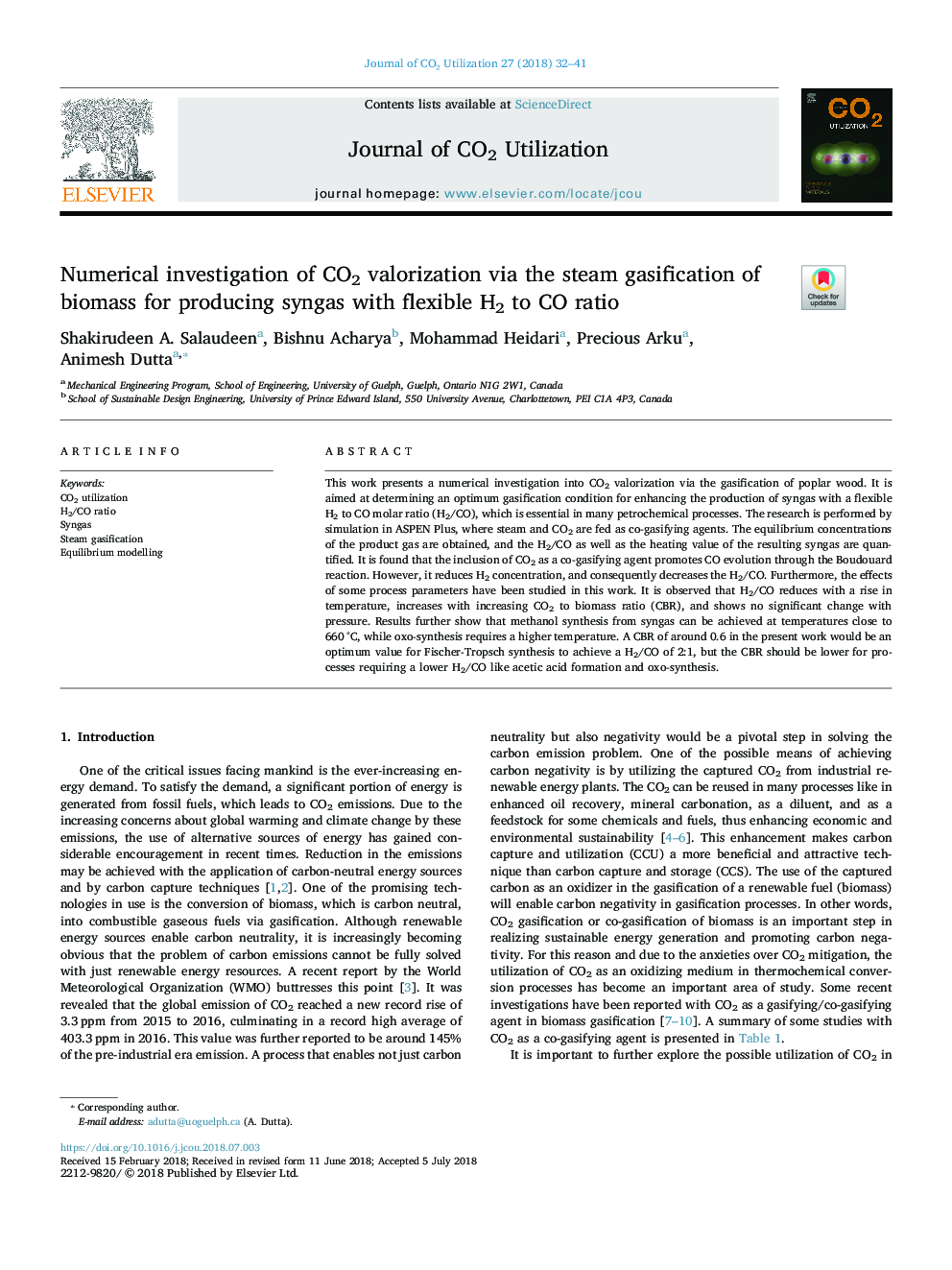 Numerical investigation of CO2 valorization via the steam gasification of biomass for producing syngas with flexible H2 to CO ratio