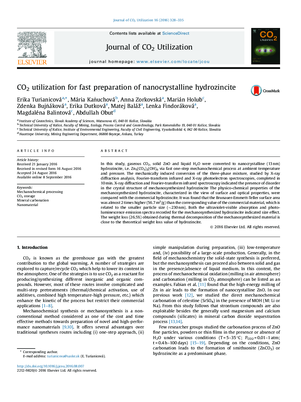 CO2 utilization for fast preparation of nanocrystalline hydrozincite