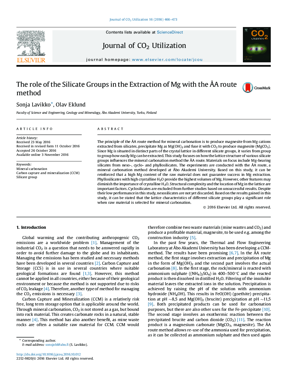 The role of the Silicate Groups in the Extraction of Mg with the ÃA route method