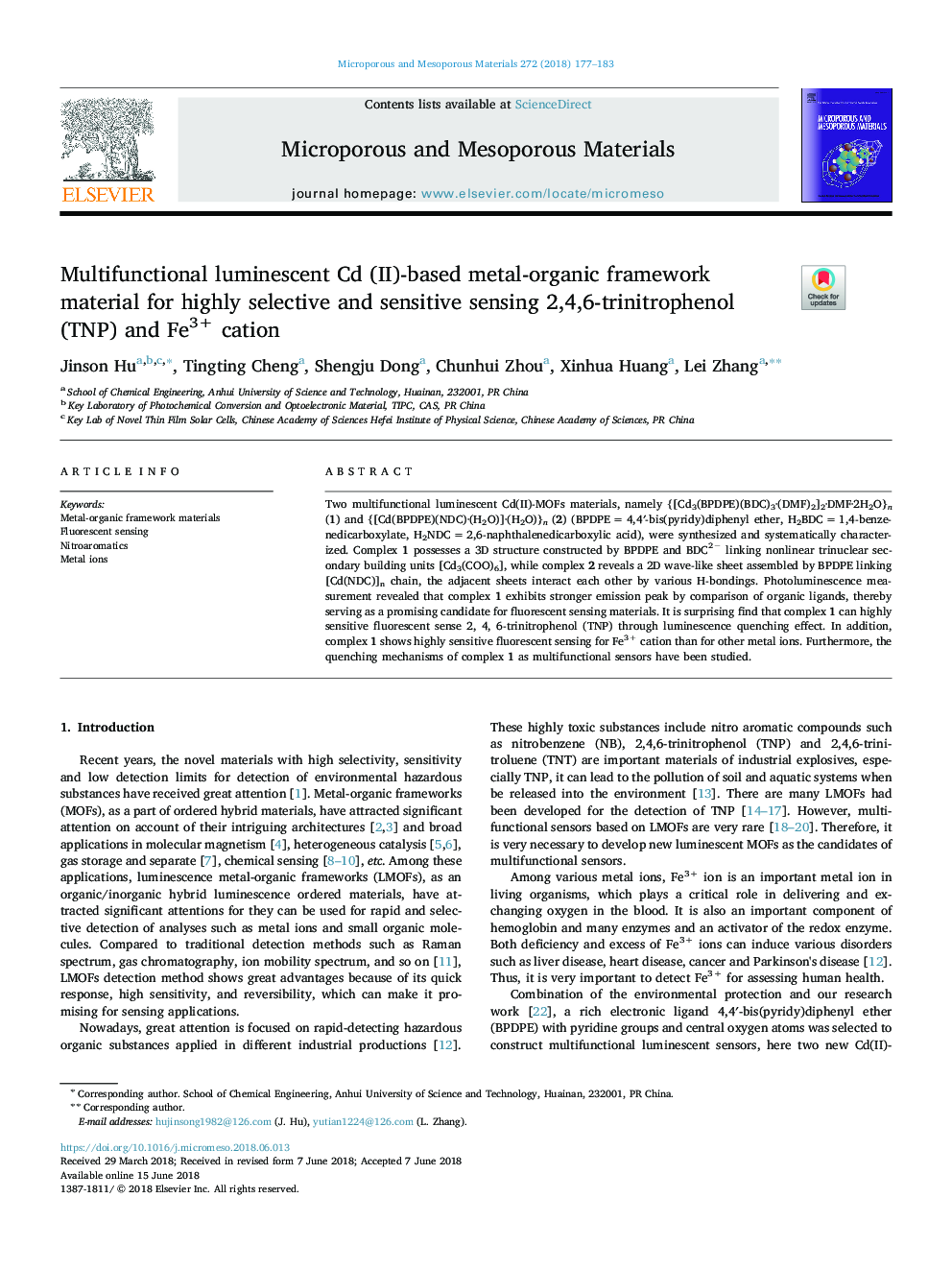 Multifunctional luminescent Cd (II)-based metal-organic framework material for highly selective and sensitive sensing 2,4,6-trinitrophenol (TNP) and Fe3+ cation