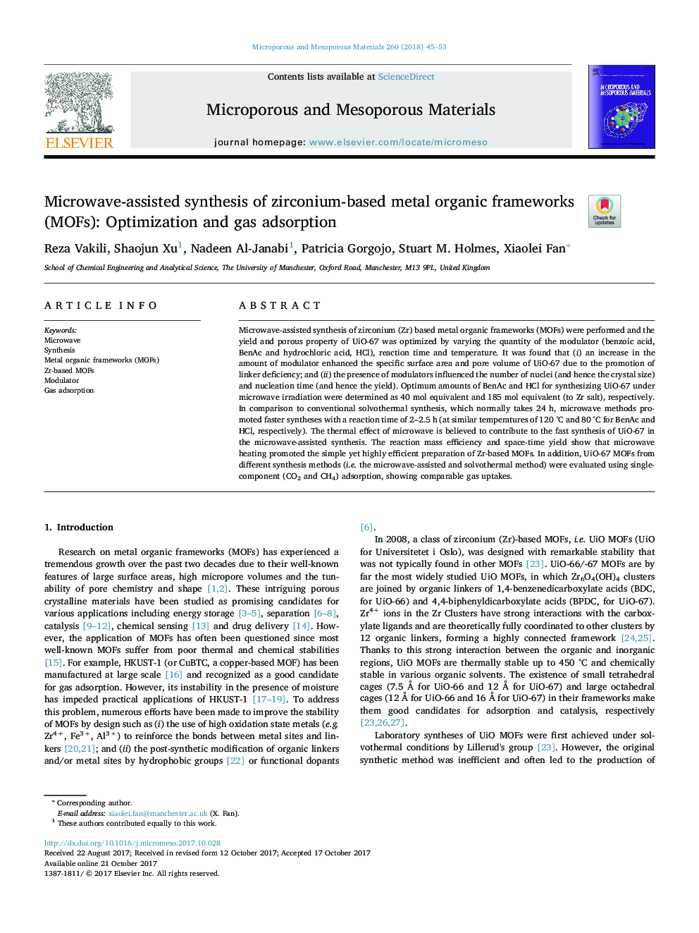 Microwave-assisted synthesis of zirconium-based metal organic frameworks (MOFs): Optimization and gas adsorption