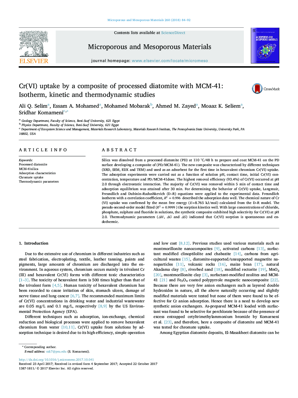 Cr(VI) uptake by a composite of processed diatomite with MCM-41: Isotherm, kinetic and thermodynamic studies
