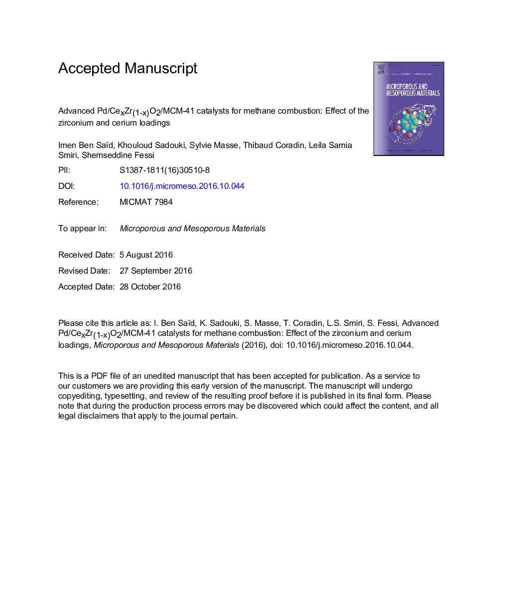 Advanced Pd/CexZr(1âx)O2/MCM-41 catalysts for methane combustion: Effect of the zirconium and cerium loadings