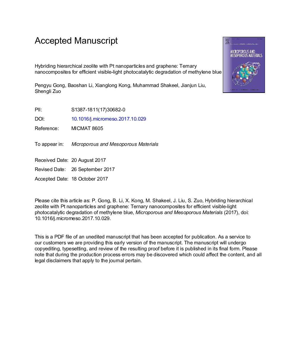 Hybriding hierarchical zeolite with Pt nanoparticles and graphene: Ternary nanocomposites for efficient visible-light photocatalytic degradation of methylene blue