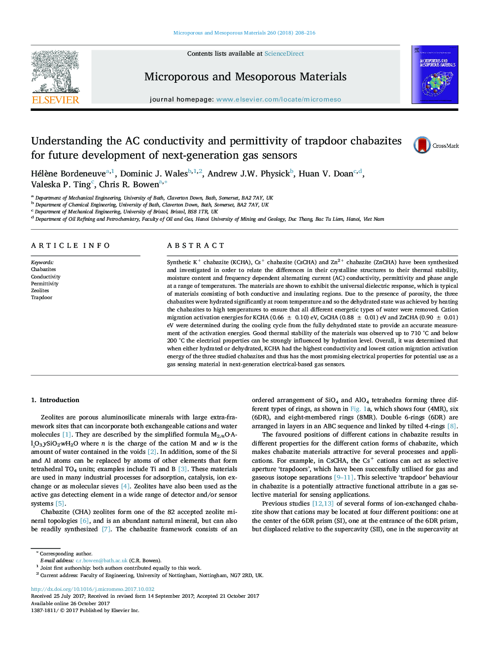 Understanding the AC conductivity and permittivity of trapdoor chabazites for future development of next-generation gas sensors