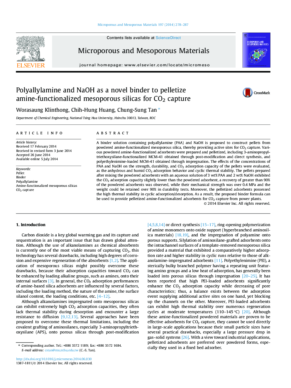 Polyallylamine and NaOH as a novel binder to pelletize amine-functionalized mesoporous silicas for CO2 capture