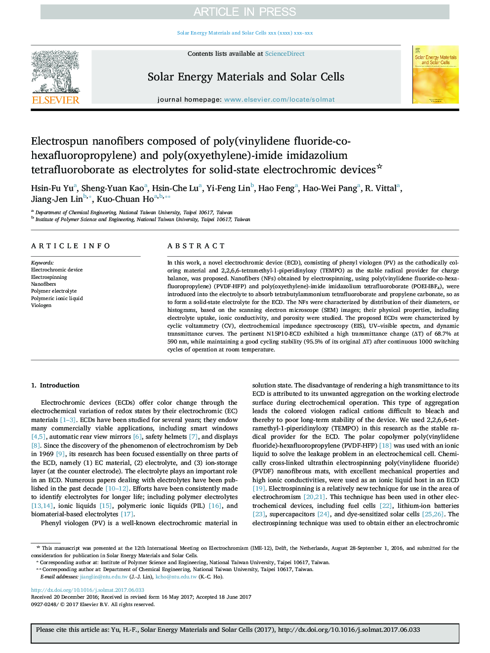 Electrospun nanofibers composed of poly(vinylidene fluoride-co-hexafluoropropylene) and poly(oxyethylene)-imide imidazolium tetrafluoroborate as electrolytes for solid-state electrochromic devices