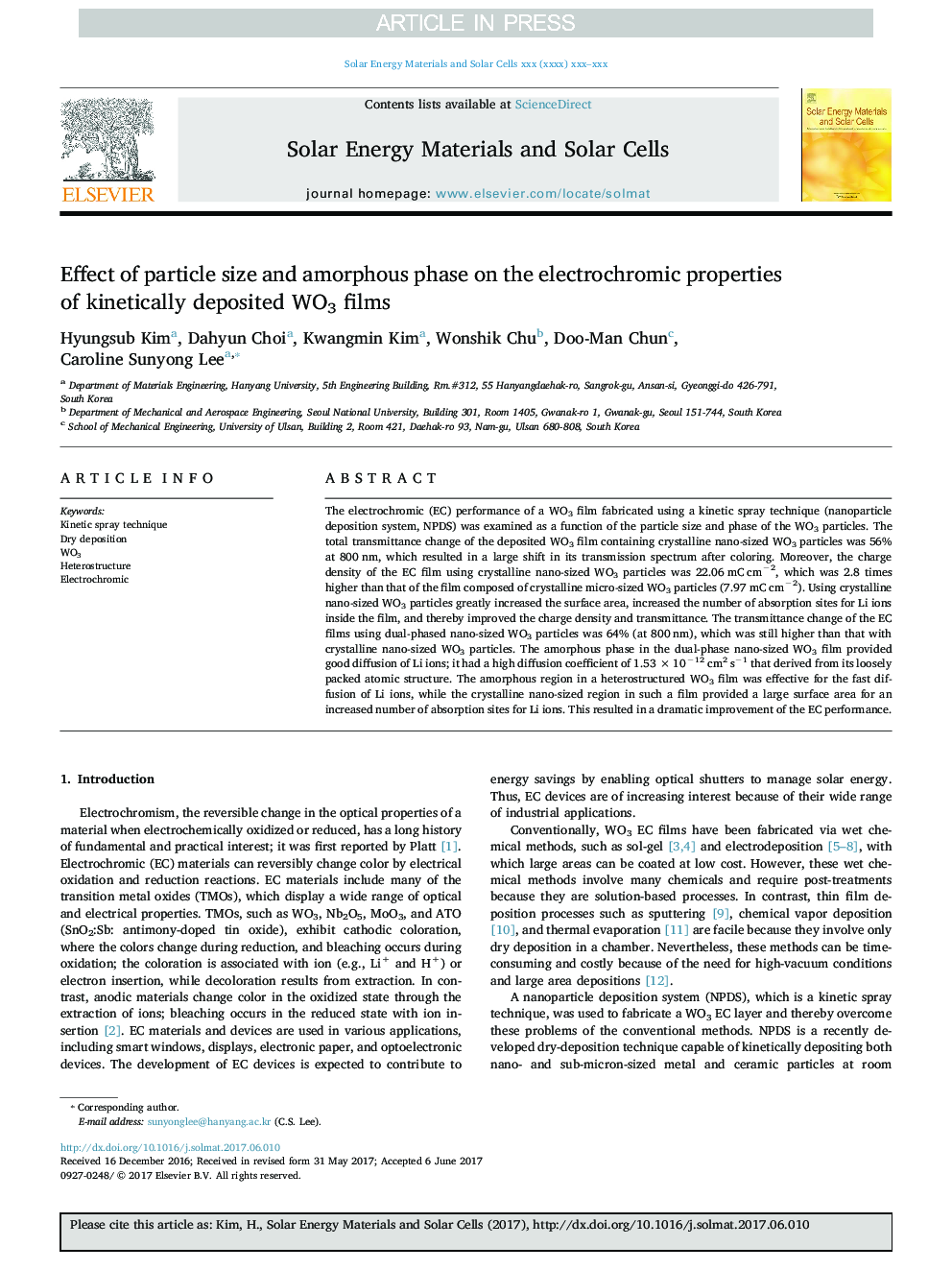 Effect of particle size and amorphous phase on the electrochromic properties of kinetically deposited WO3 films