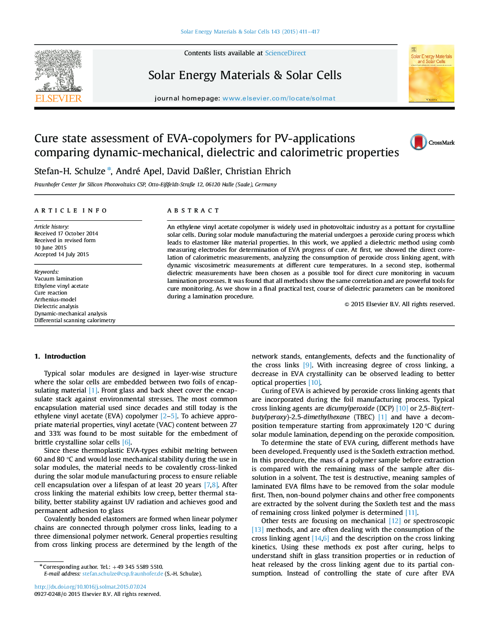 Cure state assessment of EVA-copolymers for PV-applications comparing dynamic-mechanical, dielectric and calorimetric properties