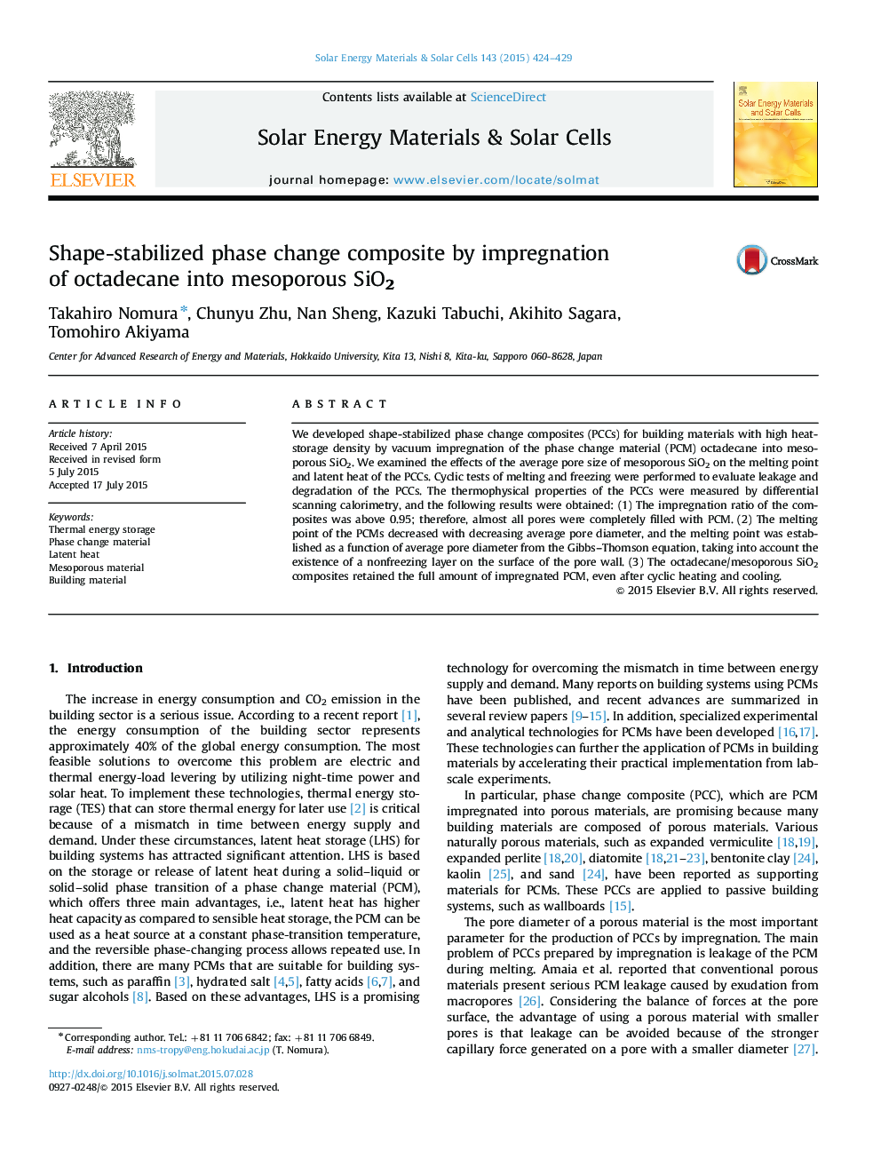 Shape-stabilized phase change composite by impregnation of octadecane into mesoporous SiO2