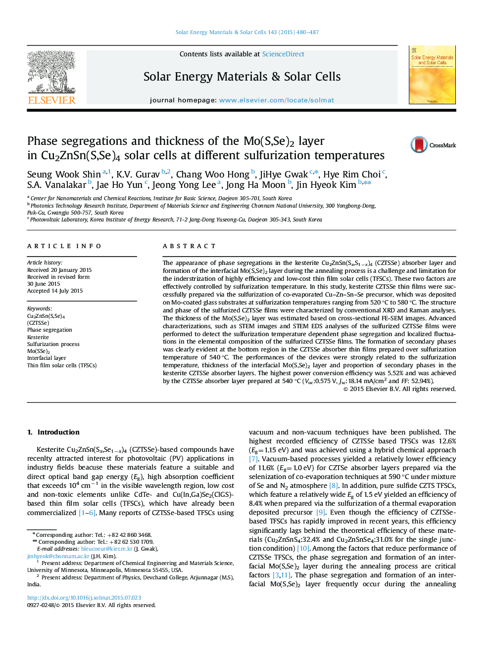 Phase segregations and thickness of the Mo(S,Se)2 layer in Cu2ZnSn(S,Se)4 solar cells at different sulfurization temperatures