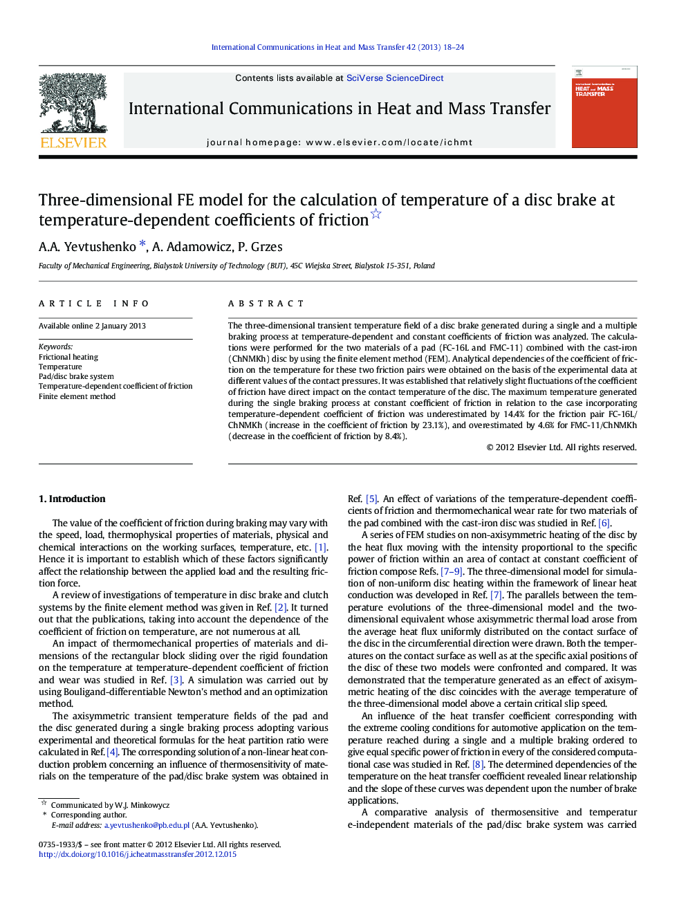 Three-dimensional FE model for the calculation of temperature of a disc brake at temperature-dependent coefficients of friction 