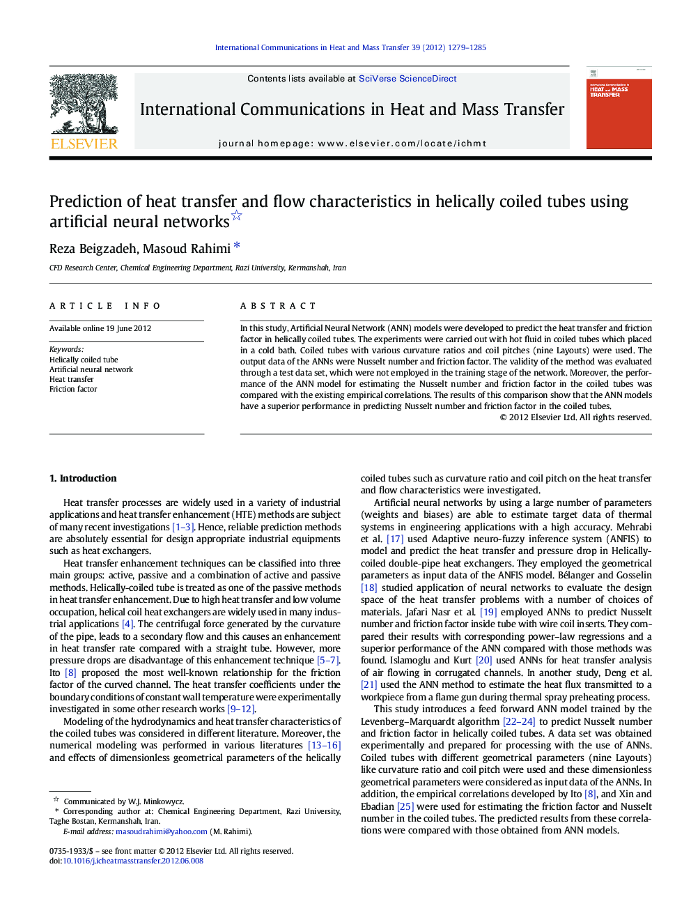 Prediction of heat transfer and flow characteristics in helically coiled tubes using artificial neural networks