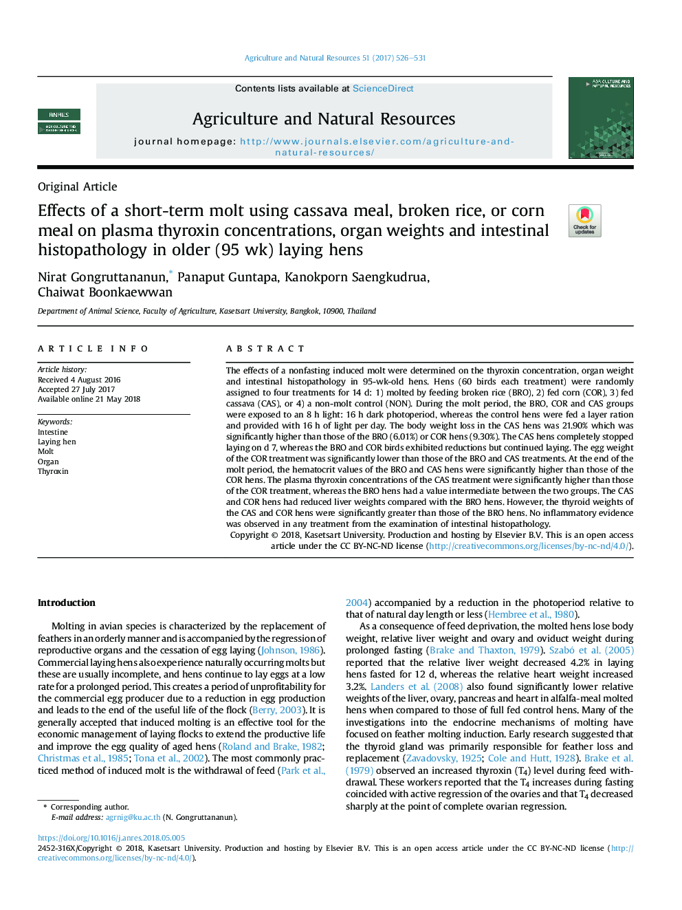 Effects of a short-term molt using cassava meal, broken rice, or corn meal on plasma thyroxin concentrations, organ weights and intestinal histopathology in older (95Â wk) laying hens