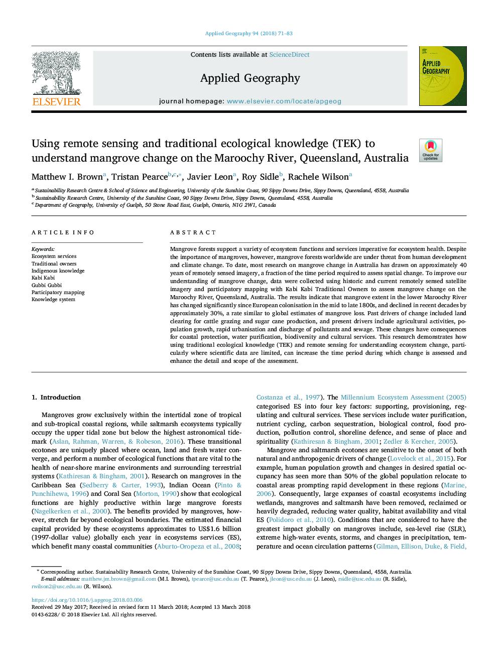 Using remote sensing and traditional ecological knowledge (TEK) to understand mangrove change on the Maroochy River, Queensland, Australia