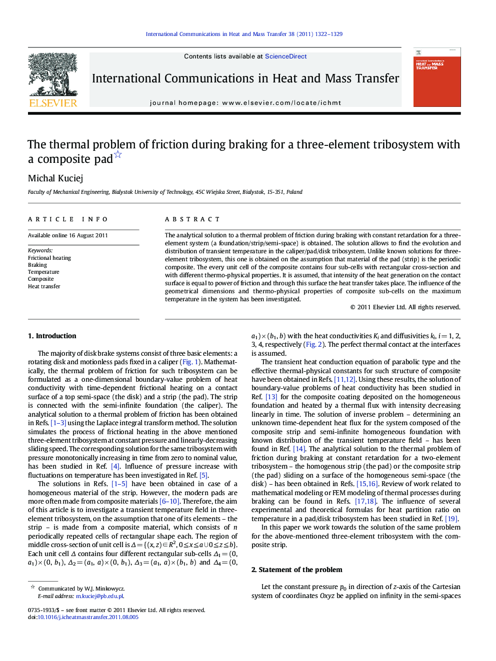 The thermal problem of friction during braking for a three-element tribosystem with a composite pad 