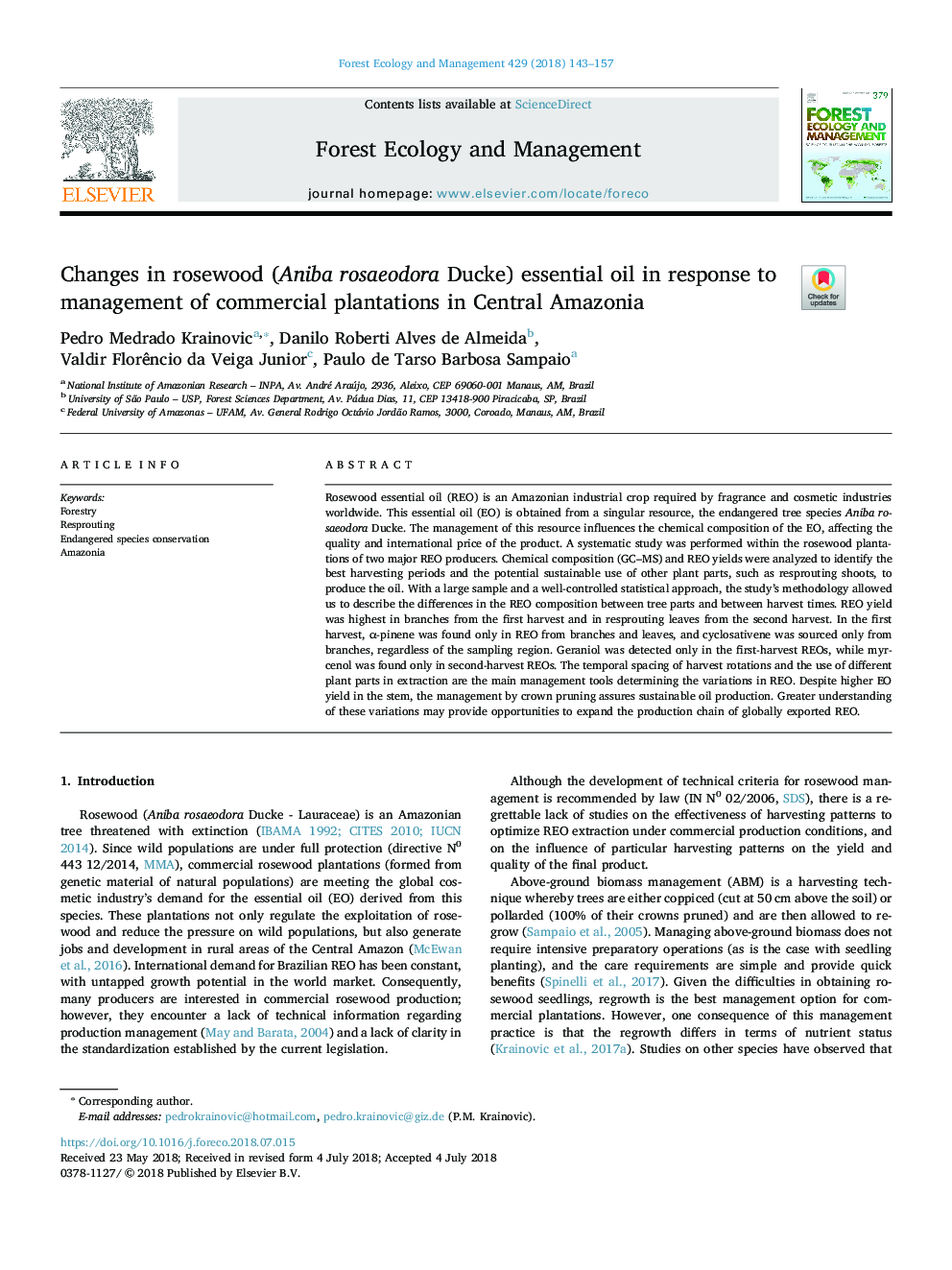 Changes in rosewood (Aniba rosaeodora Ducke) essential oil in response to management of commercial plantations in Central Amazonia