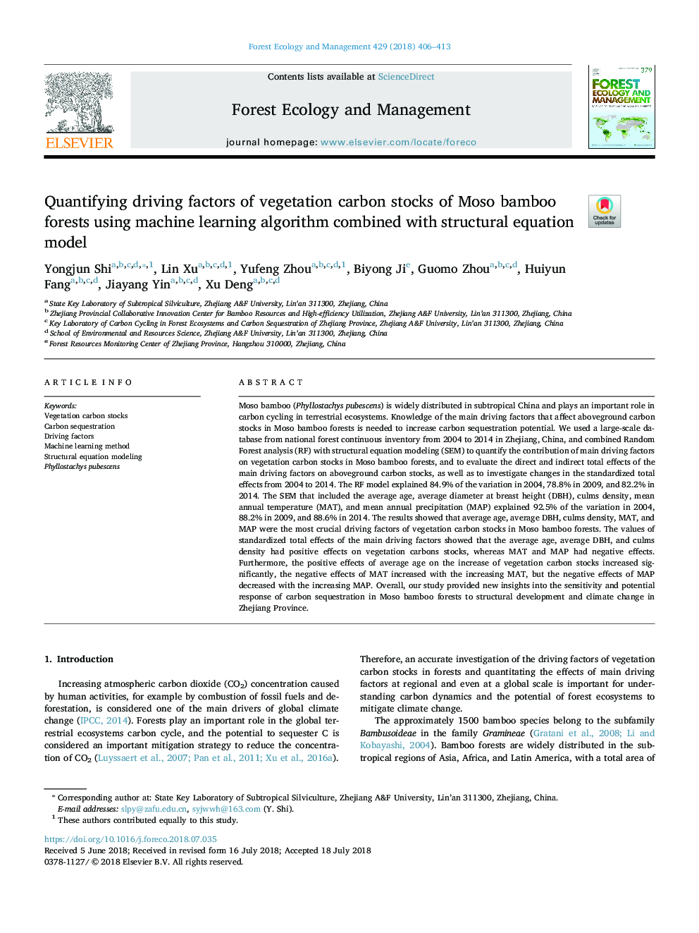 Quantifying driving factors of vegetation carbon stocks of Moso bamboo forests using machine learning algorithm combined with structural equation model