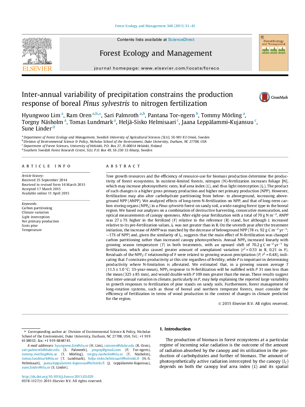 Inter-annual variability of precipitation constrains the production response of boreal Pinus sylvestris to nitrogen fertilization