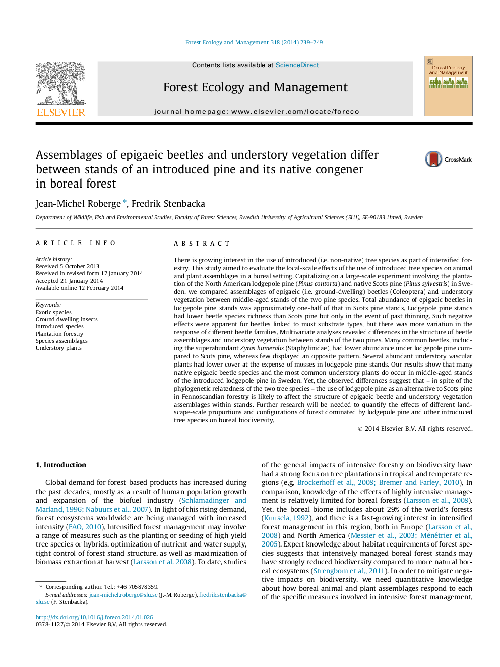 Assemblages of epigaeic beetles and understory vegetation differ between stands of an introduced pine and its native congener in boreal forest