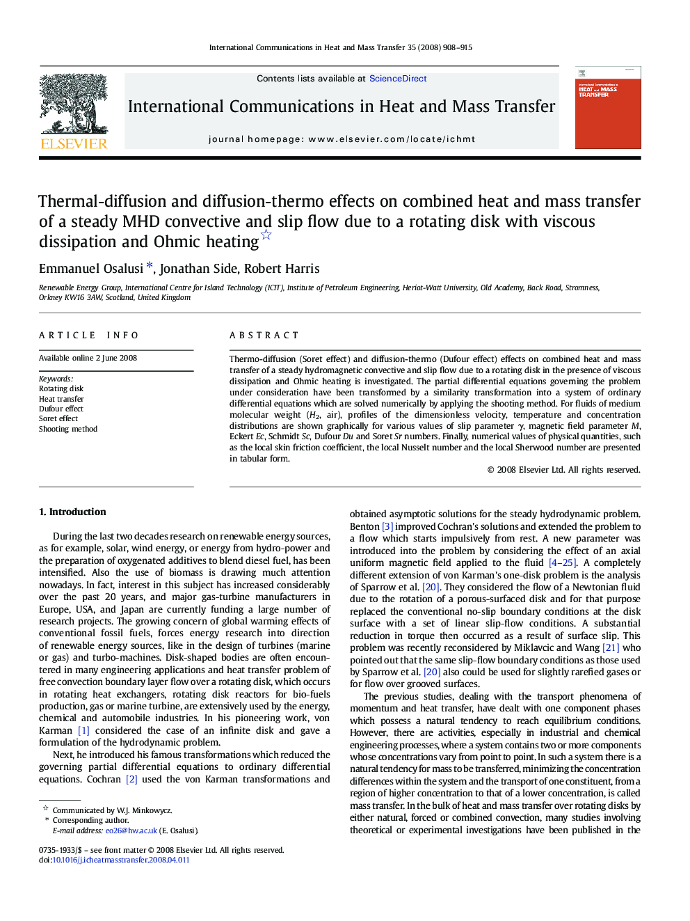 Thermal-diffusion and diffusion-thermo effects on combined heat and mass transfer of a steady MHD convective and slip flow due to a rotating disk with viscous dissipation and Ohmic heating 