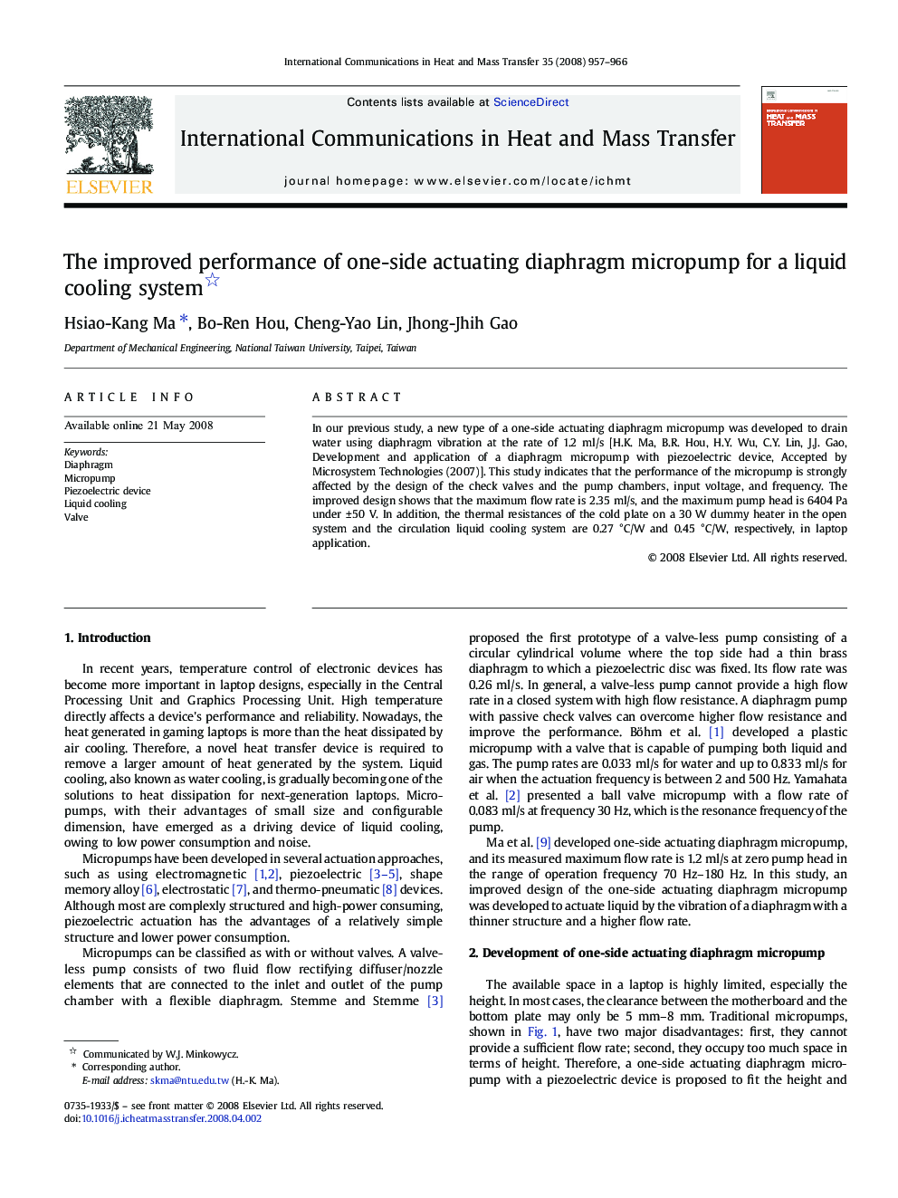 The improved performance of one-side actuating diaphragm micropump for a liquid cooling system 