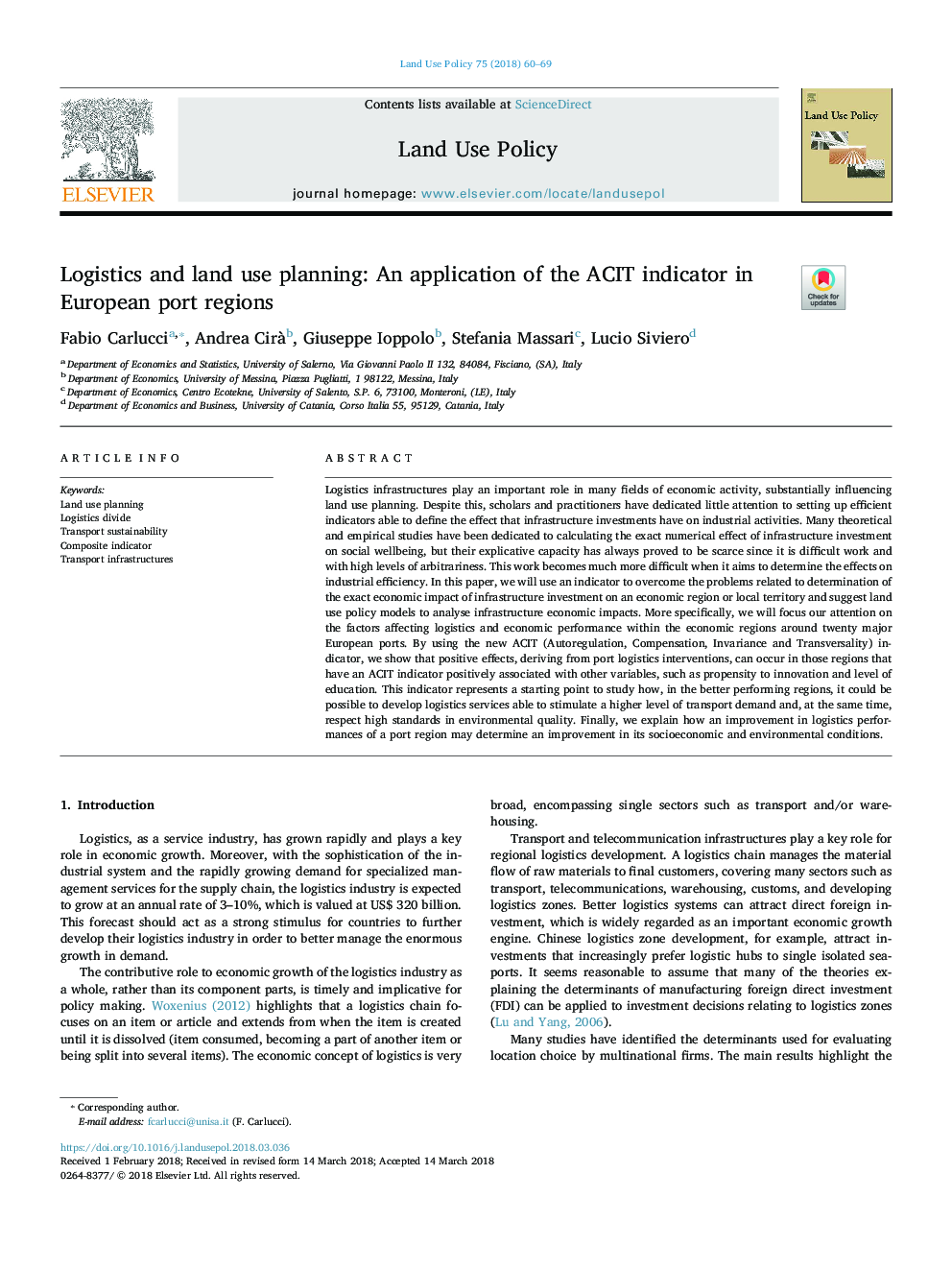 Logistics and land use planning: An application of the ACIT indicator in European port regions