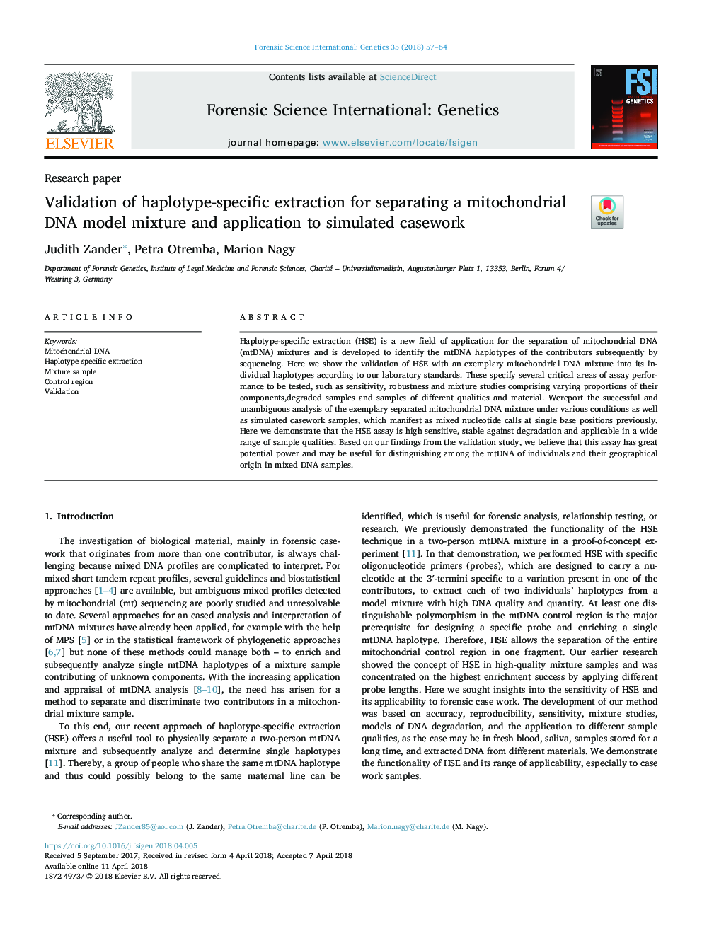 Validation of haplotype-specific extraction for separating a mitochondrial DNA model mixture and application to simulated casework