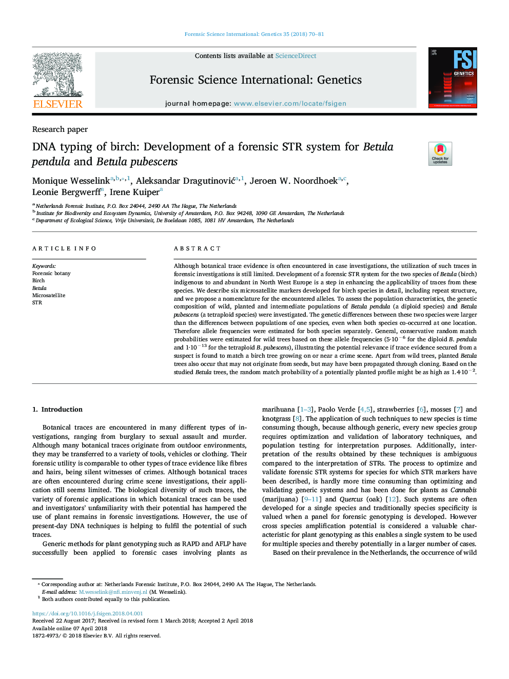 DNA typing of birch: Development of a forensic STR system for Betula pendula and Betula pubescens