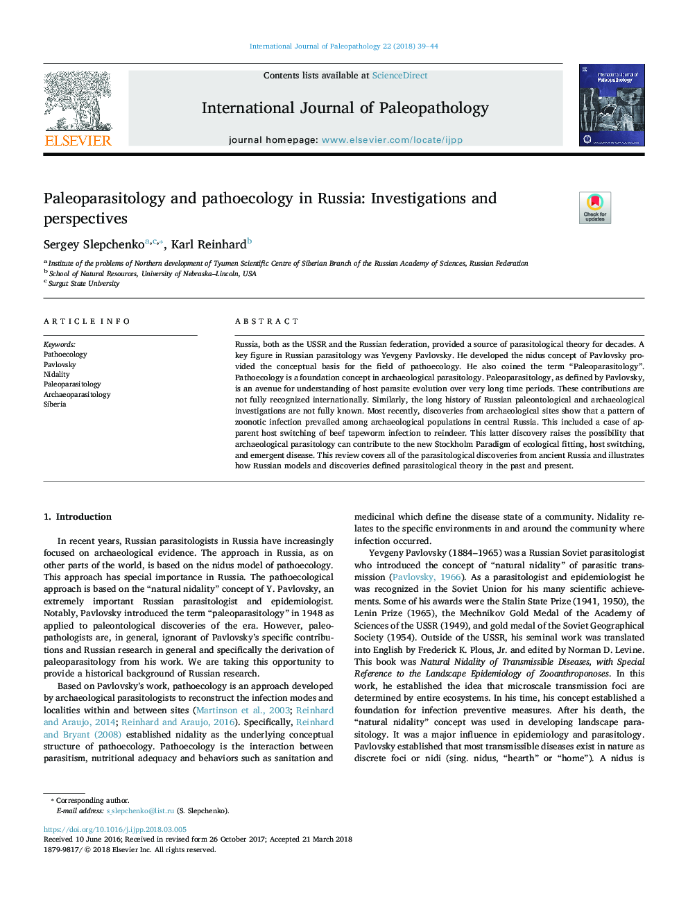 Paleoparasitology and pathoecology in Russia: Investigations and perspectives