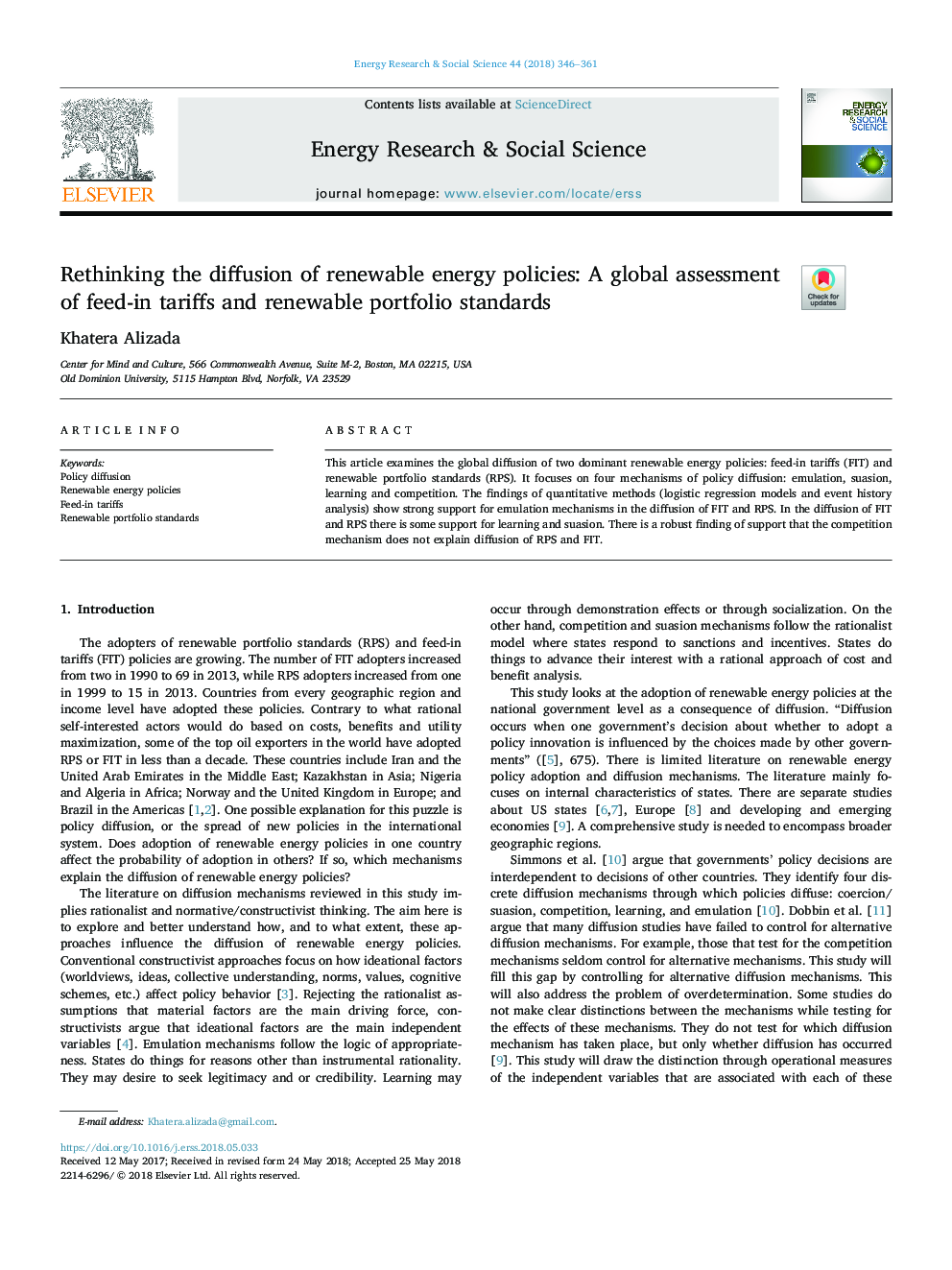 انتقاد از انتشار سیاست های انرژی تجدید پذیر: ارزیابی جهانی از تعرفه های خوراک و استانداردهای بازاریابی تجدید پذیر 