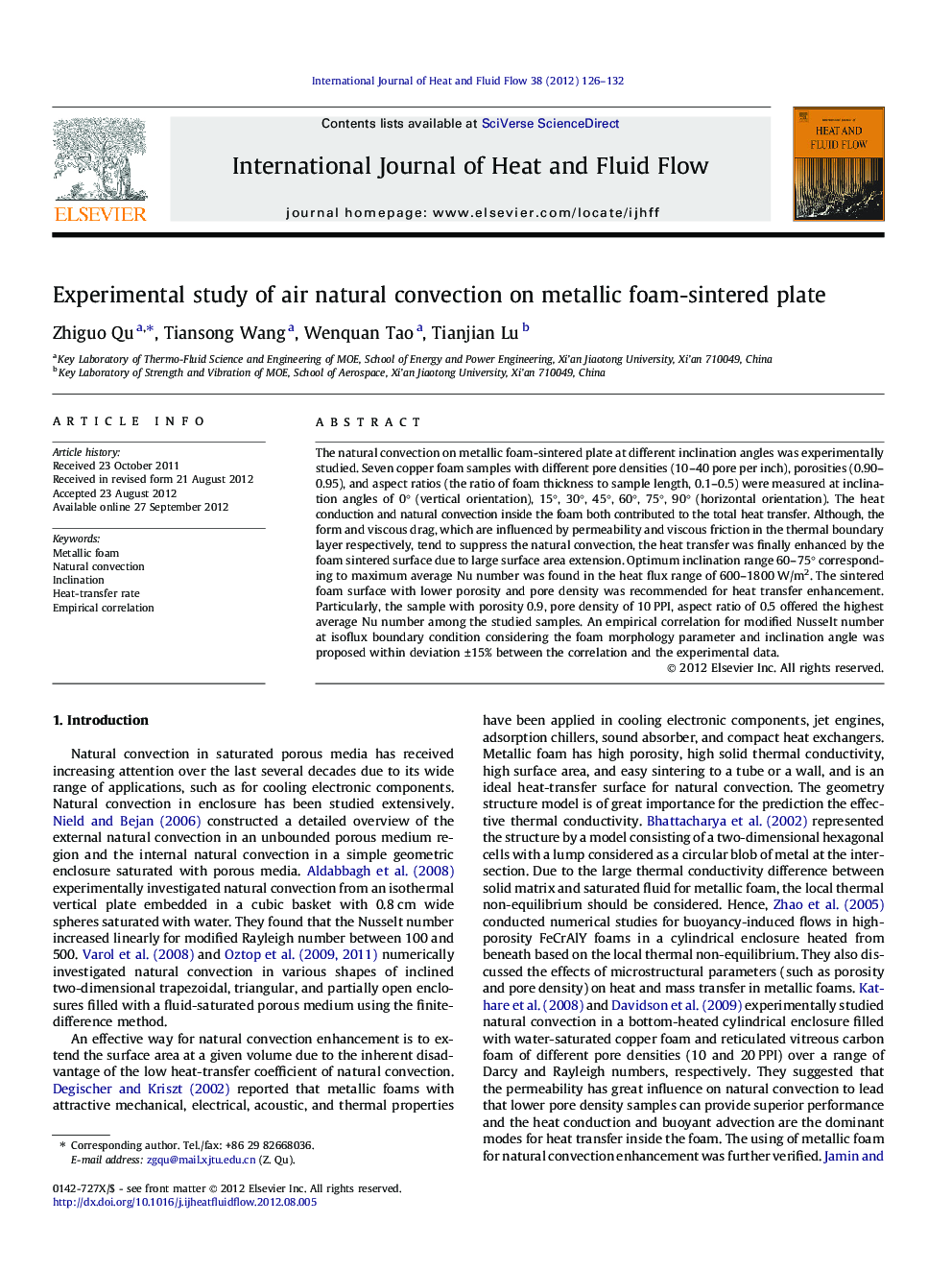 Experimental study of air natural convection on metallic foam-sintered plate